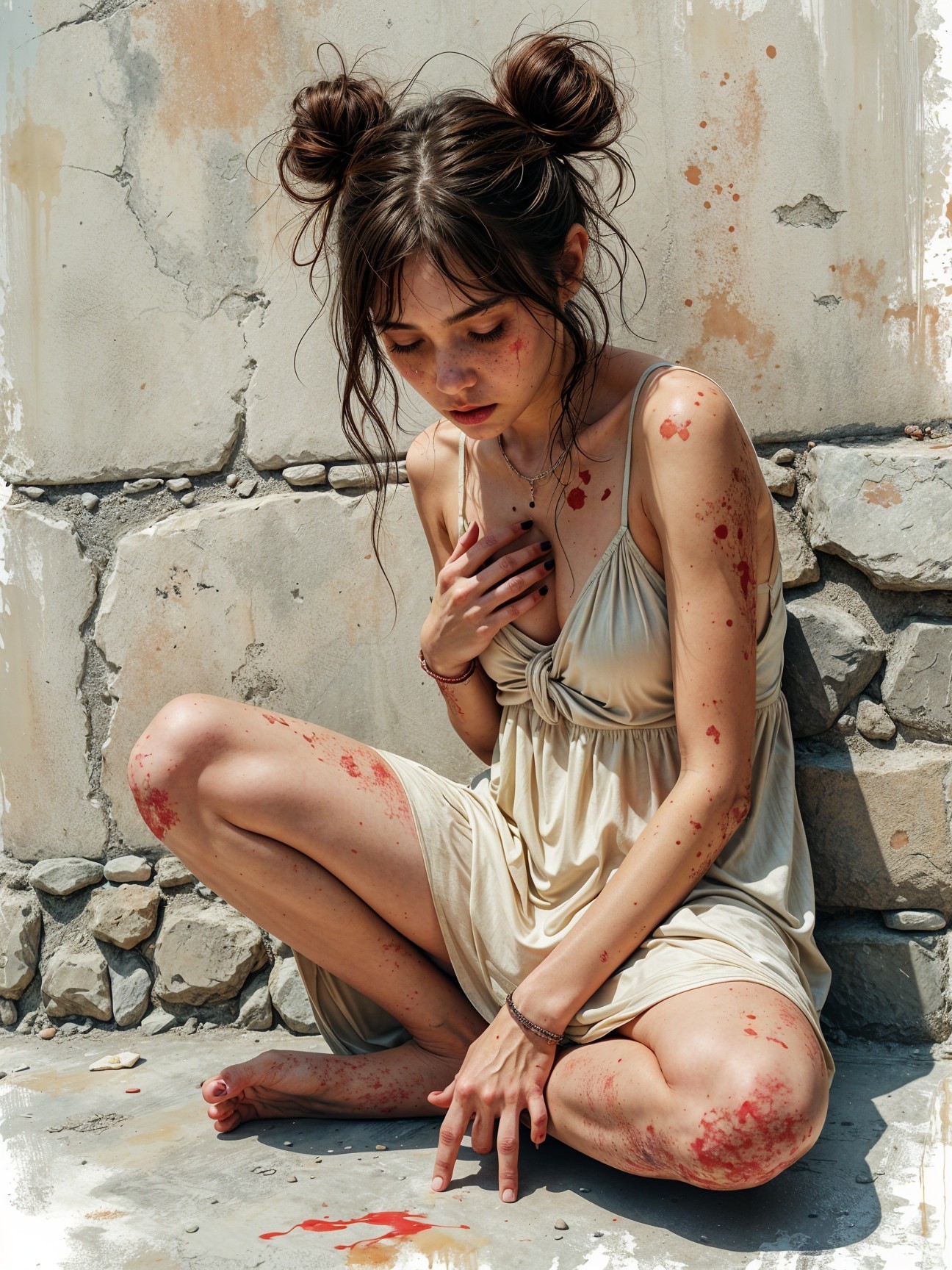 Young woman in flowing dress on stone floor, distressed