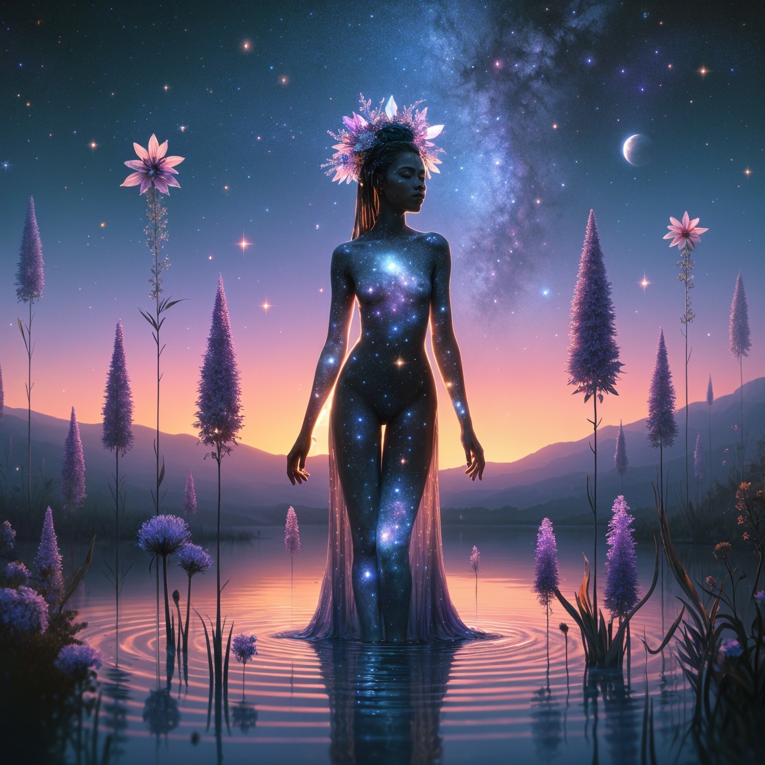 Ethereal Figure in Twilight Water Surrounded by Nature