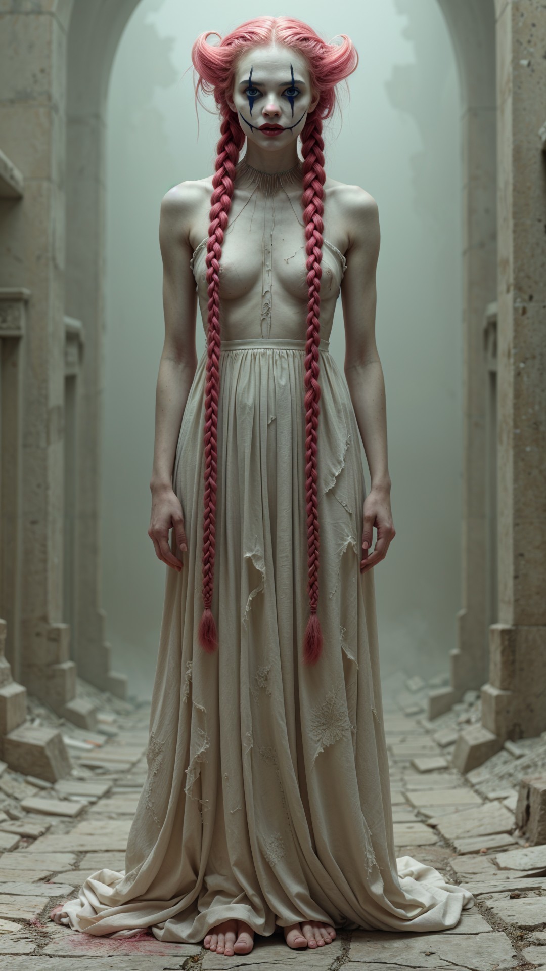 Haunting Figure in Dim Corridor with Clown Makeup