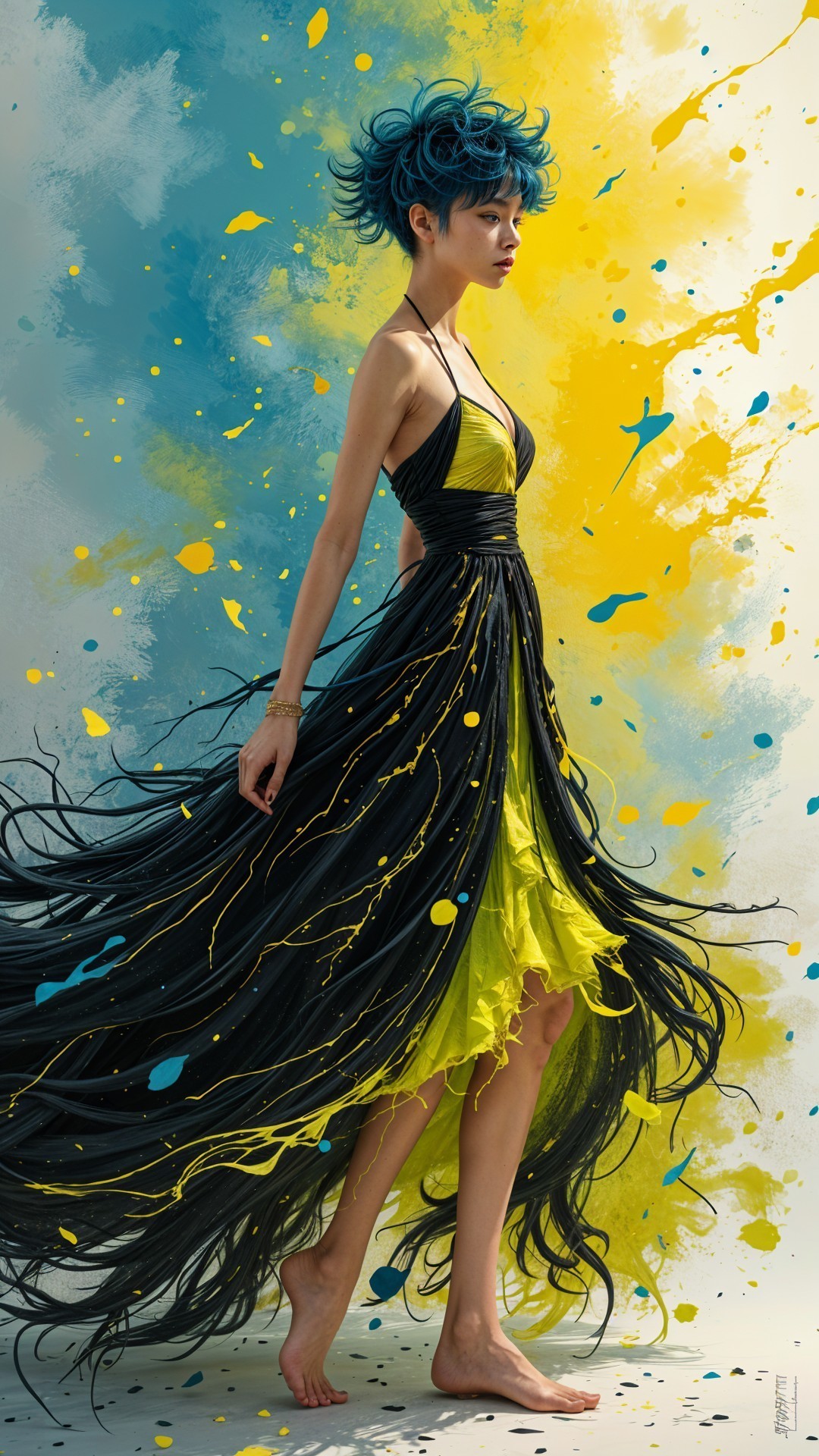 Elegant Figure in Vibrant Black and Yellow Dress