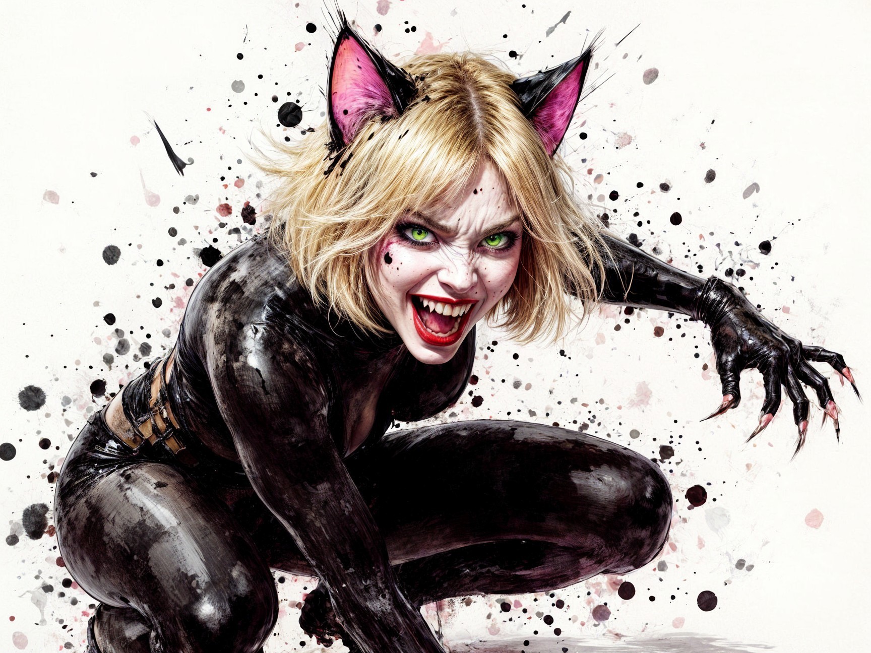 Fierce Cat-Like Character with Green Eyes and Fangs
