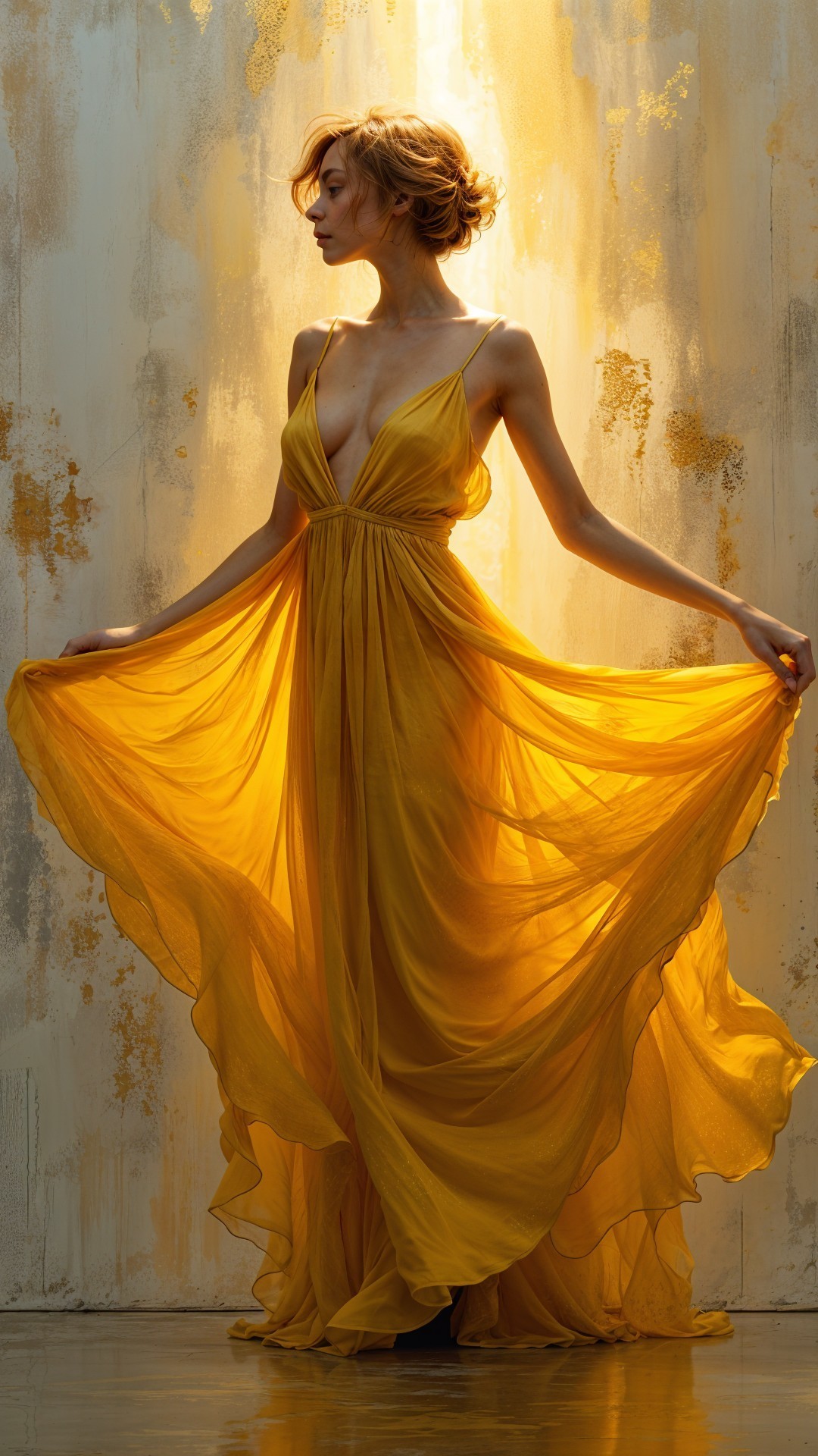 Elegant figure in a flowing deep yellow gown