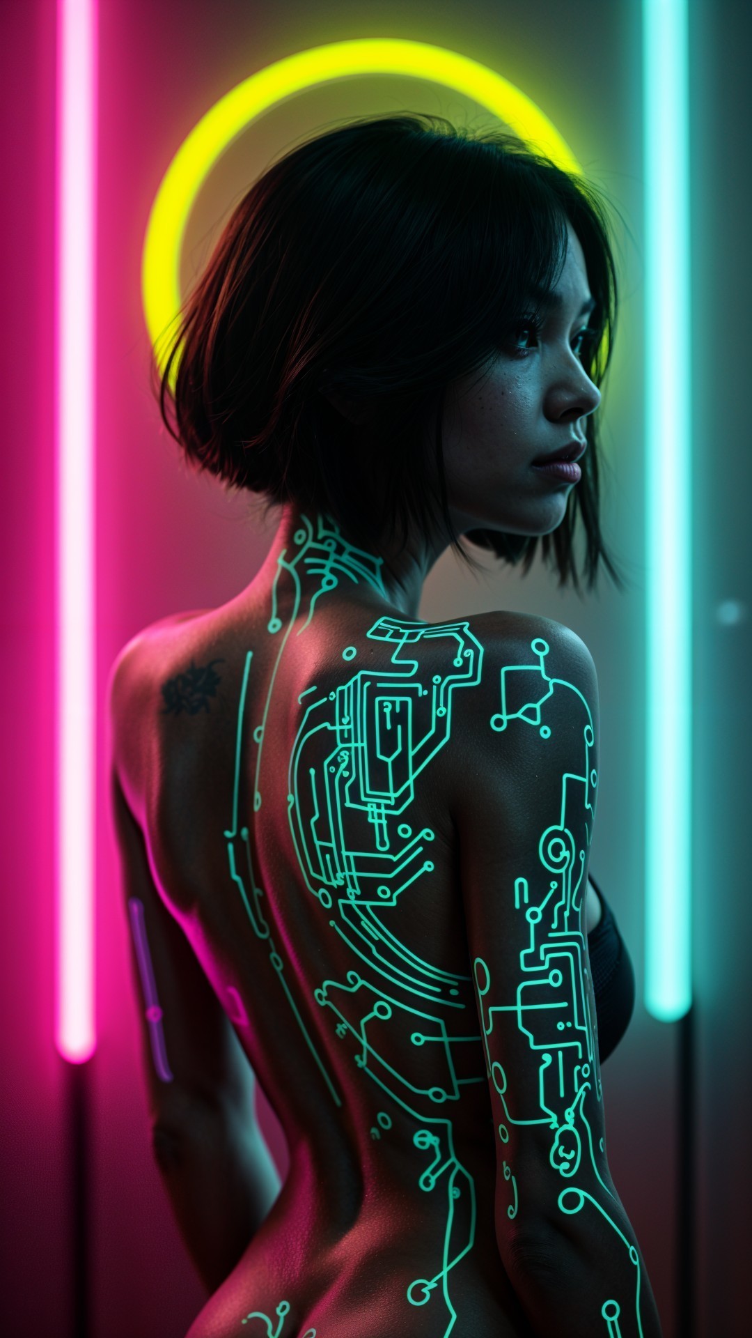 Model with glowing circuitry designs in neon lights