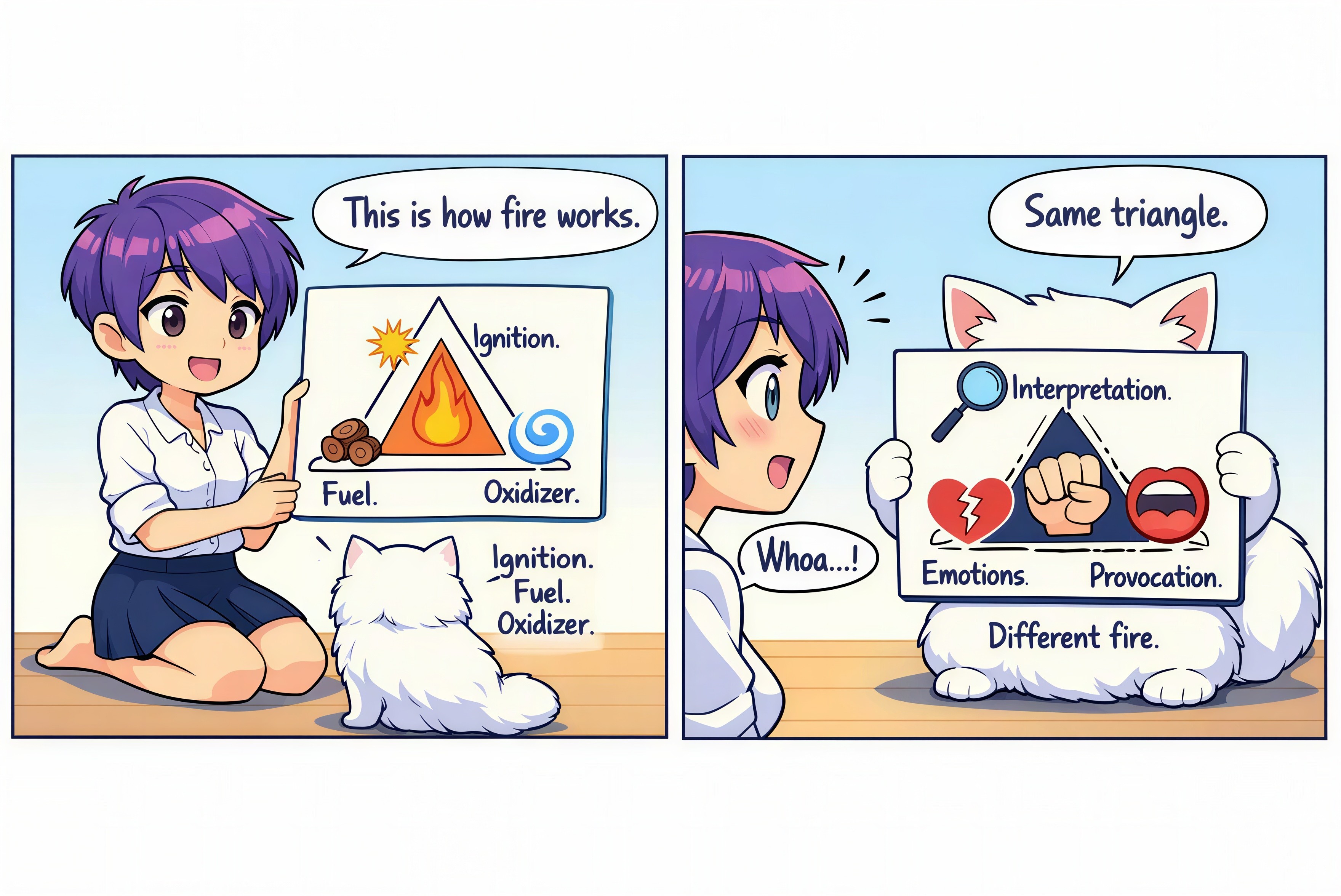 Anime Girl Explains Fire Triangle to Cat in Cartoon