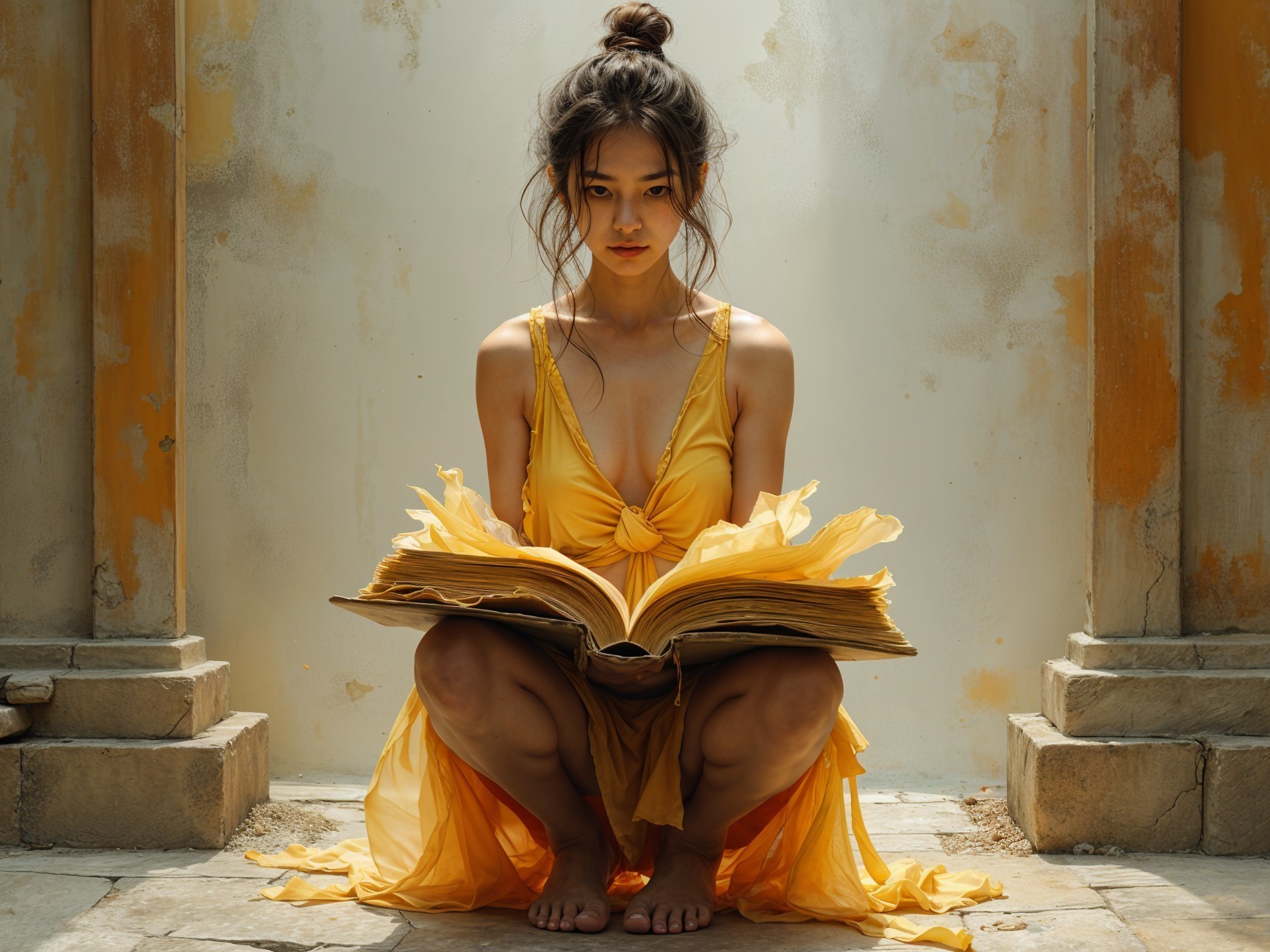 Young Woman in Yellow Dress Reading in Serene Setting
