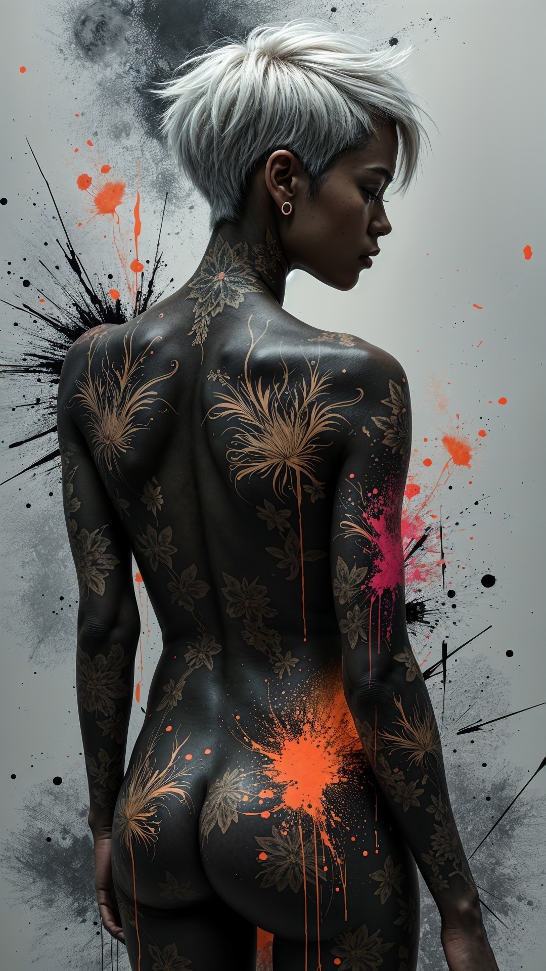 Floral Tattoos and Colorful Paint on a Figure