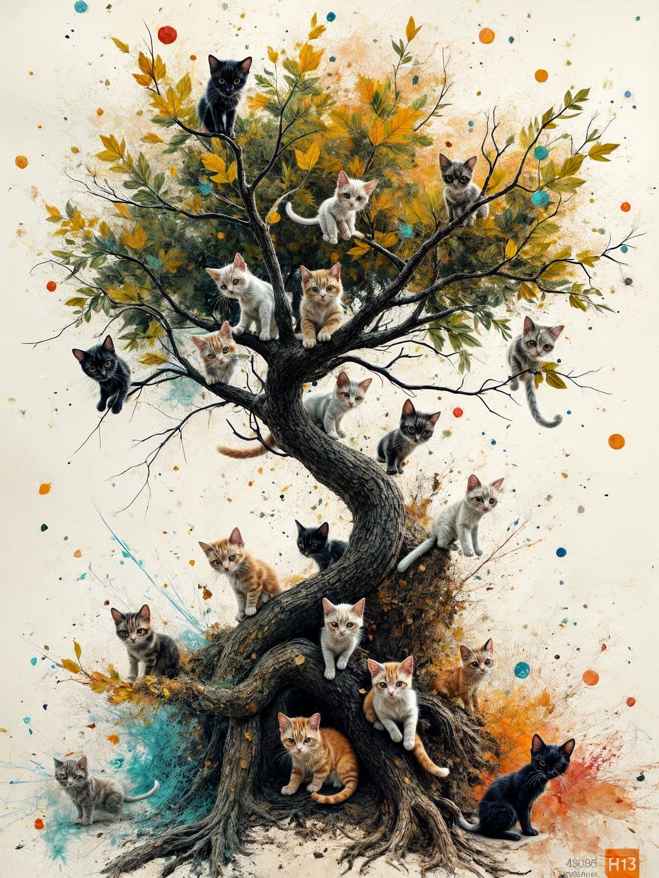 Whimsical Illustration of Kittens in a Twisted Tree