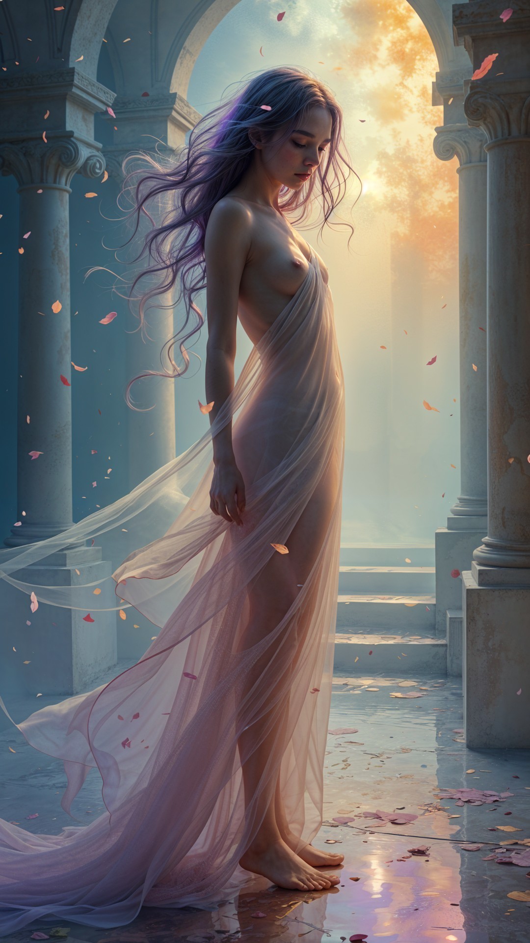 Serene figure in translucent gown with ethereal backdrop
