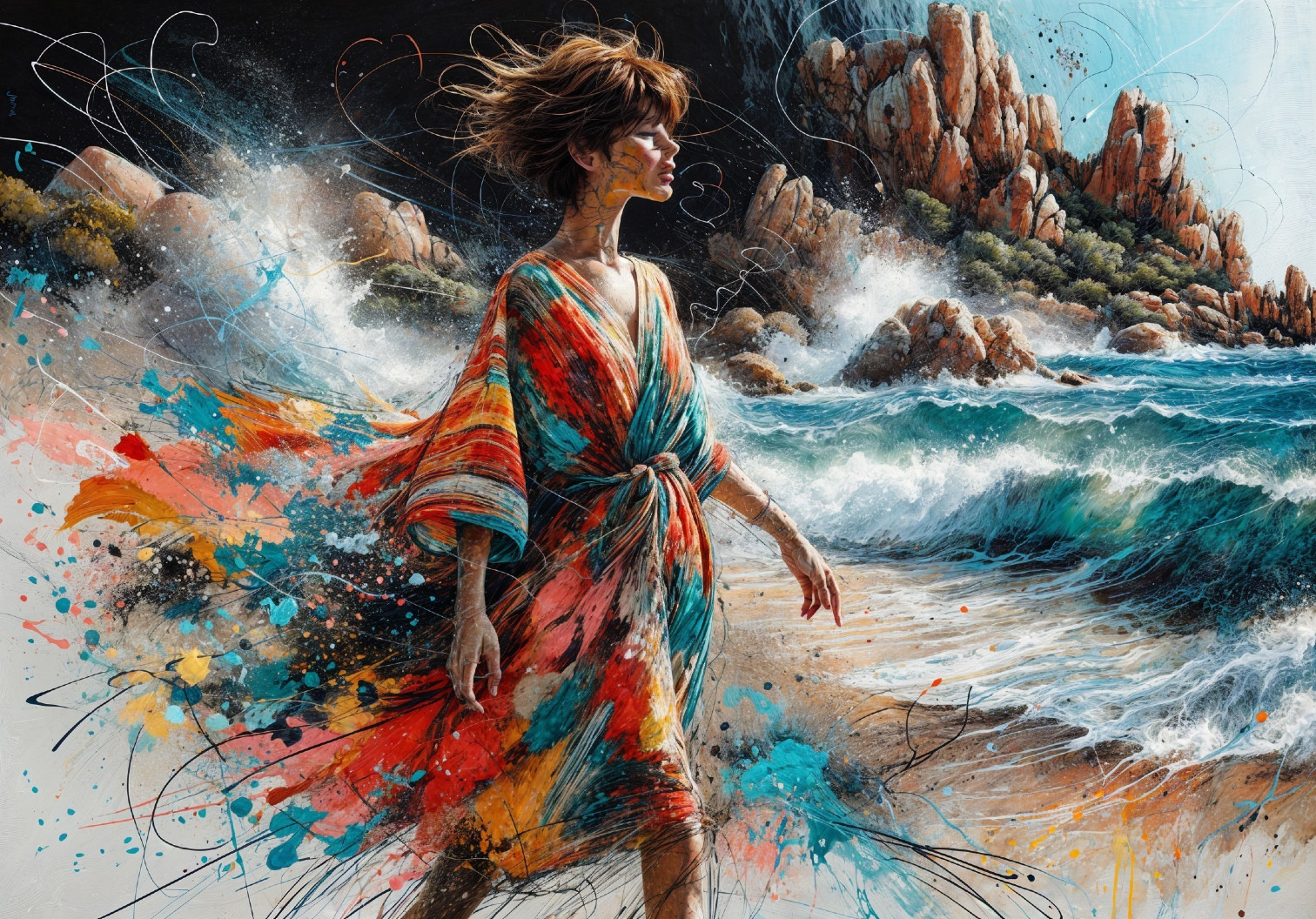 Woman in Colorful Dress on Vibrant Beach Scene