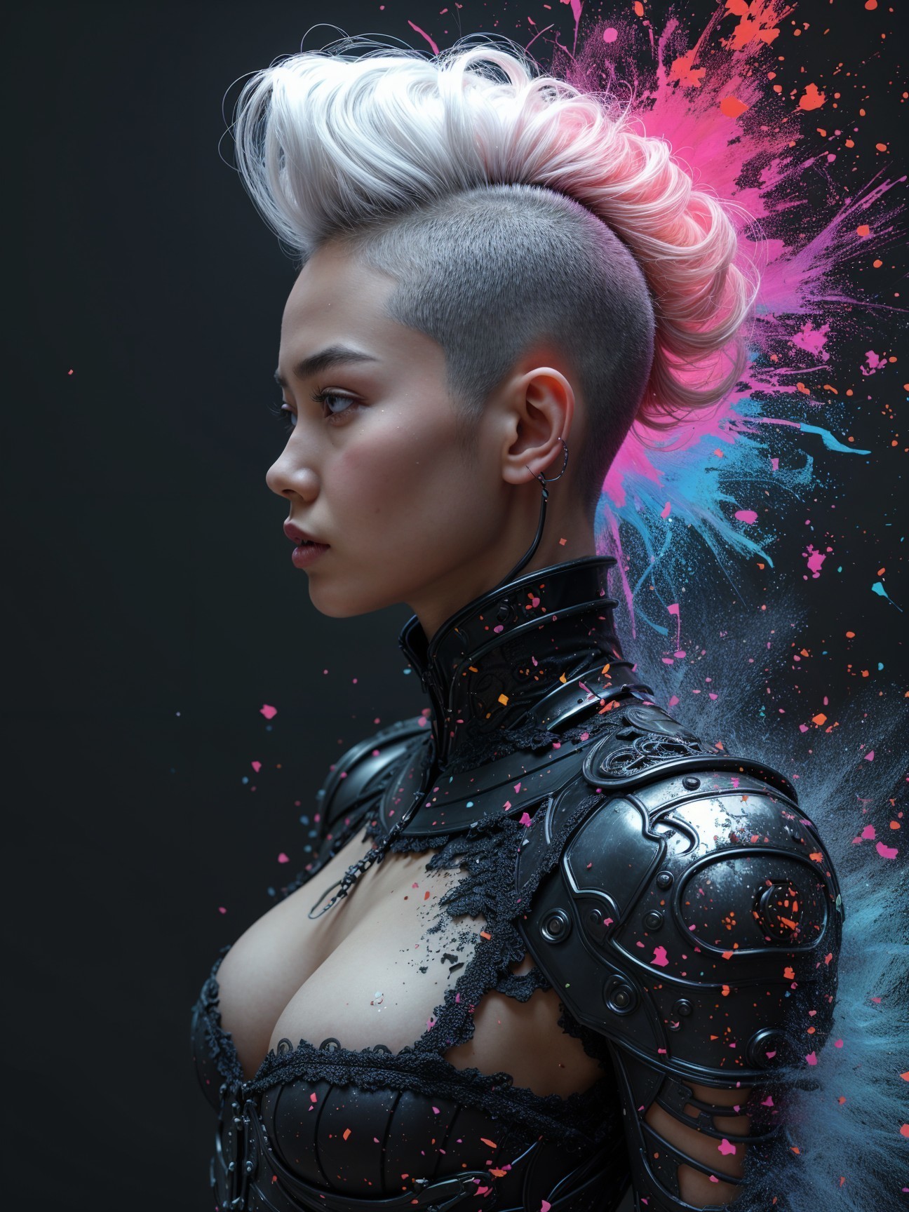 Profile of a Woman with Bold Hair and Armor Clothing