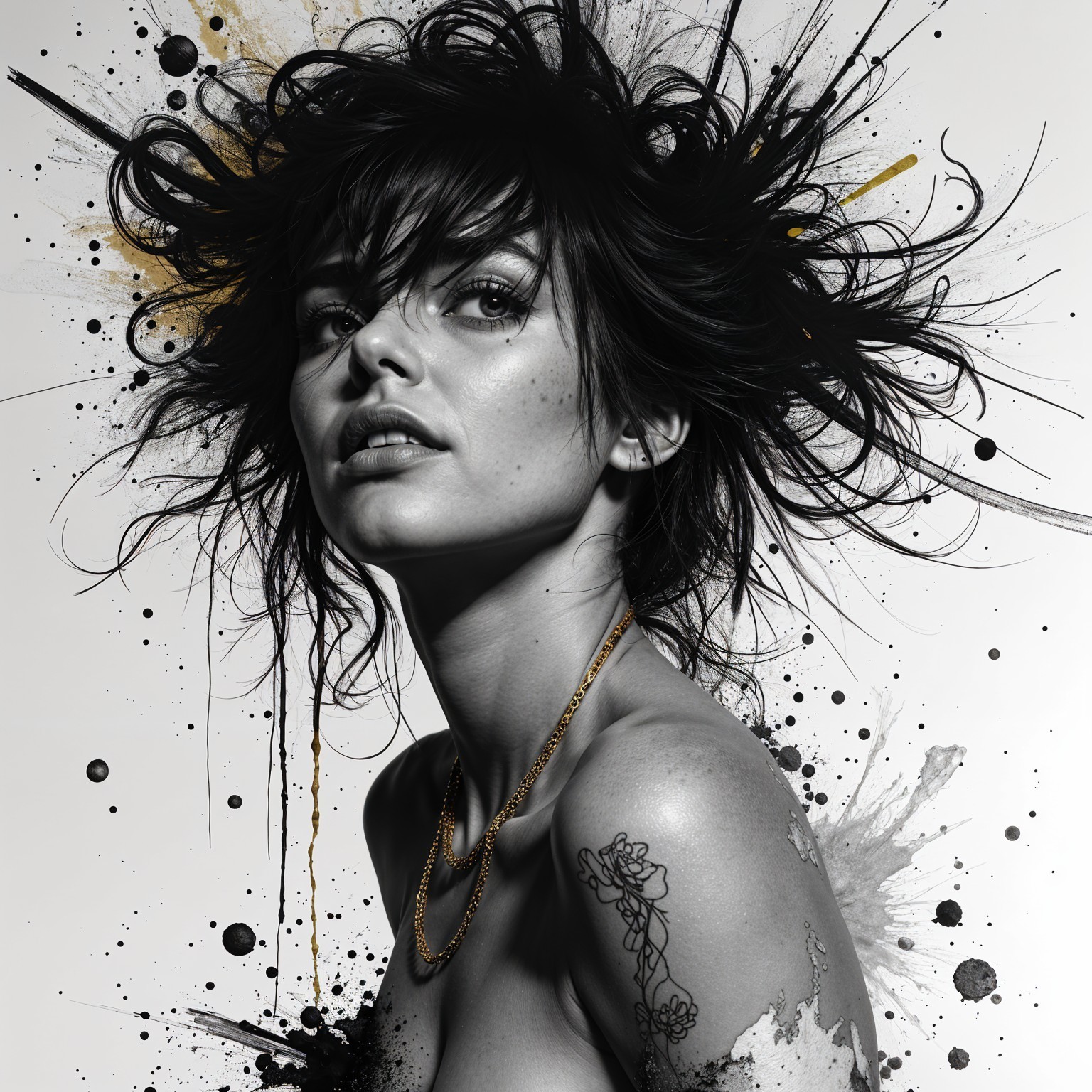 Black-and-white portrait of a woman with expressive hair