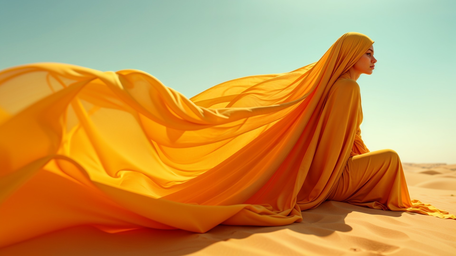 Woman in Yellow Fabric Sitting in Desert Landscape