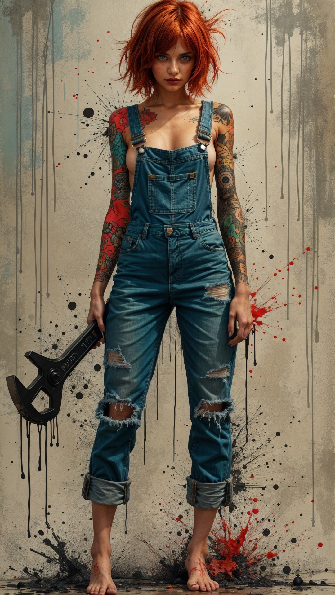 Fierce Woman with Red Hair in Ripped Denim Overalls