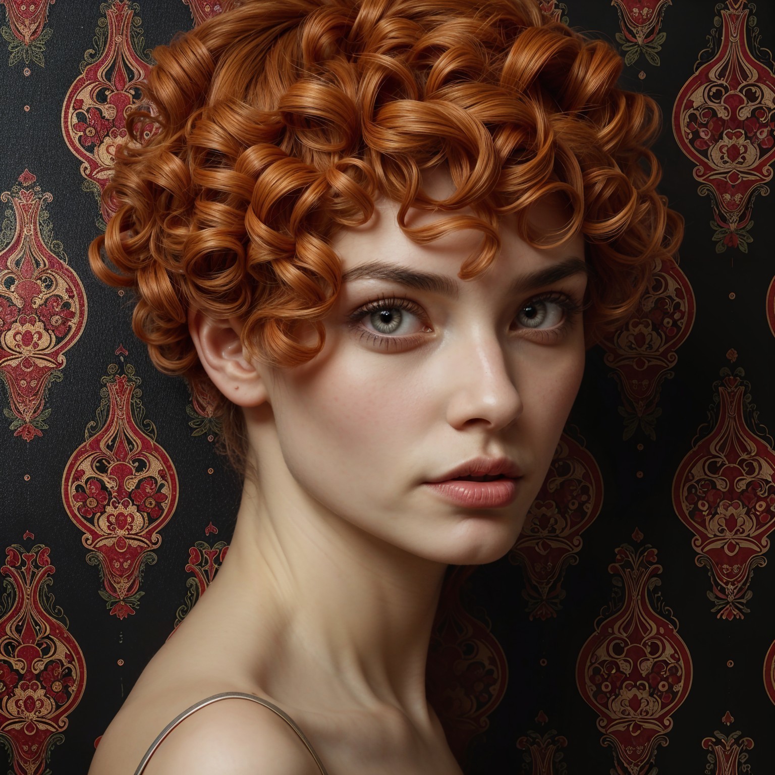 Young woman with auburn curls in vintage setting