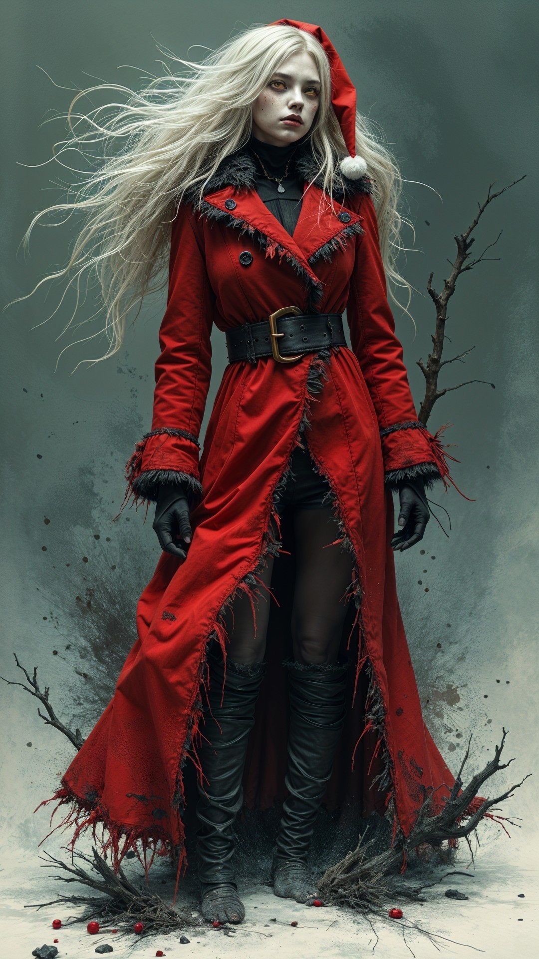 Confident Figure in Tattered Red Coat and Santa Hat
