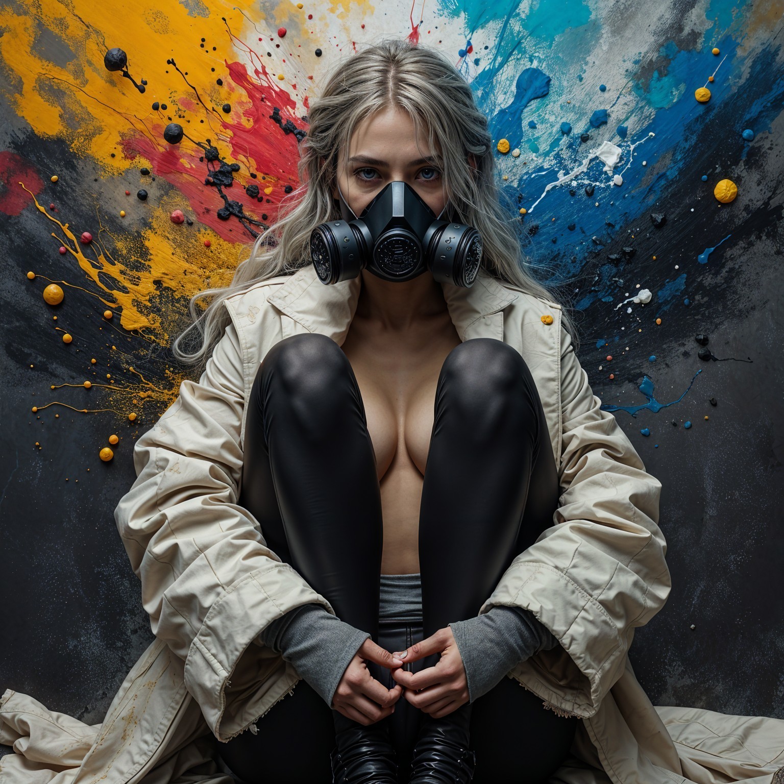 Woman in Trench Coat Against Abstract Colorful Background