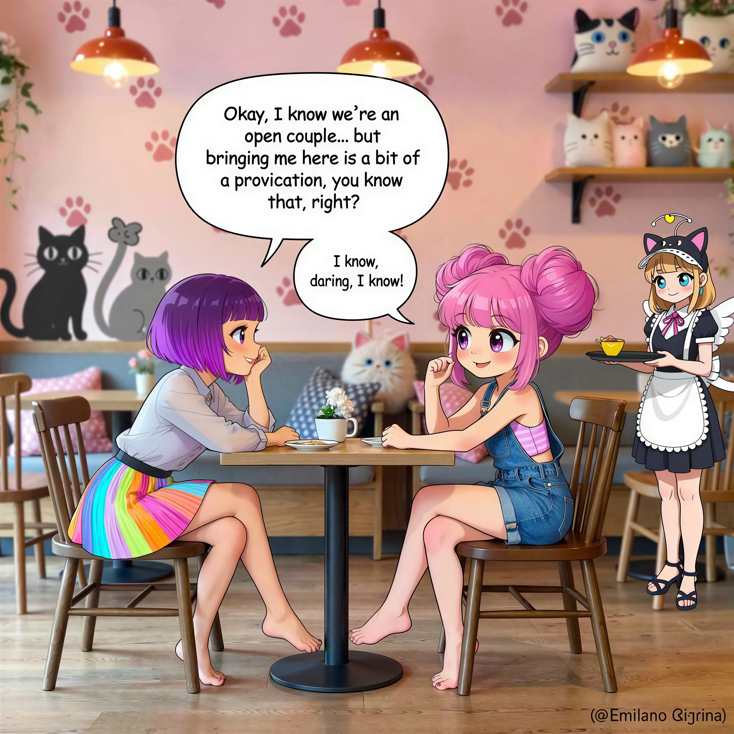 Anime Girls in Cat-Themed Cafe with Speech Bubbles