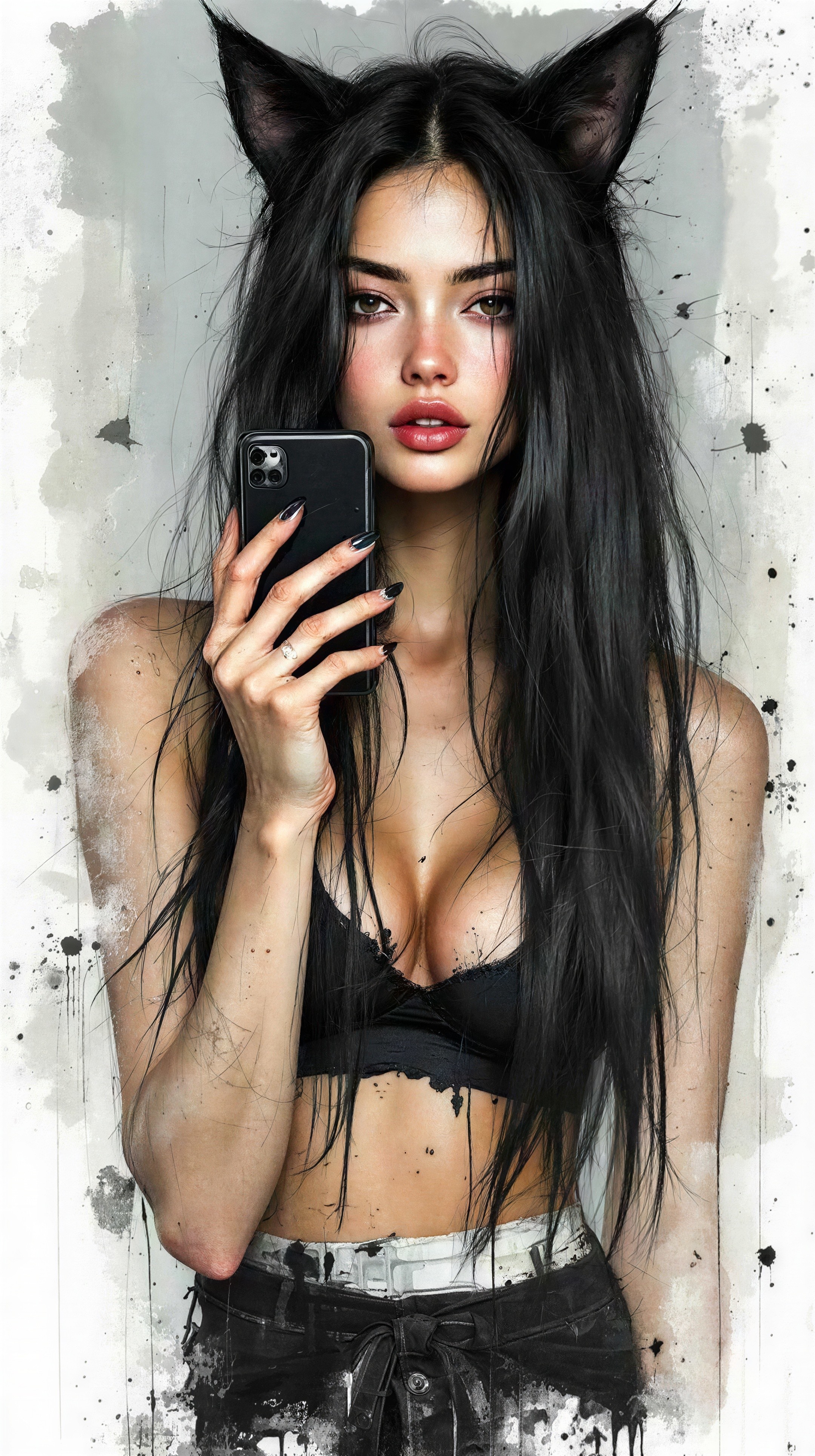 Portrait of a Woman with Black Hair and Cat Ears