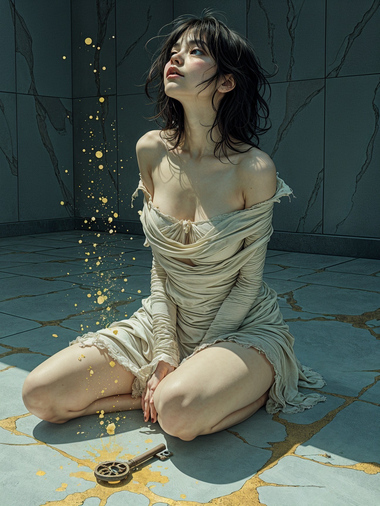Young woman in pale garment on textured floor