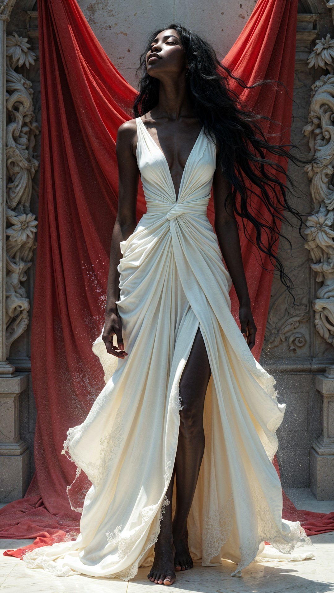 Elegant Model in Ivory Gown with Red Fabric Background