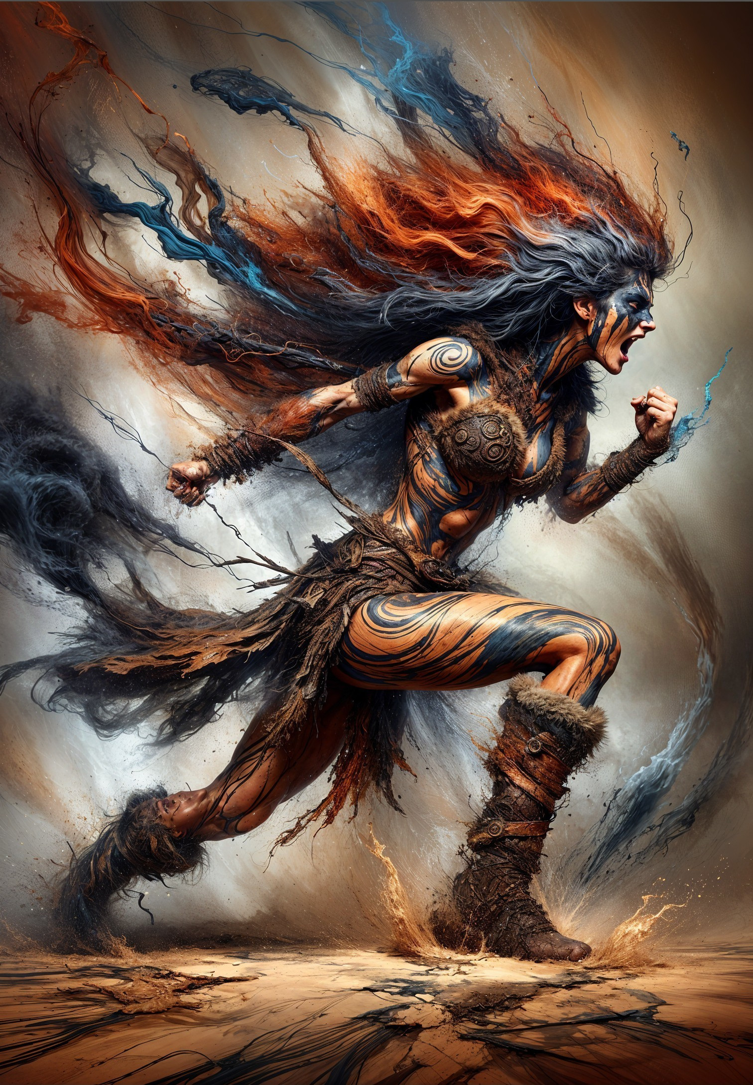 Female warrior in dynamic pose with tribal tattoos