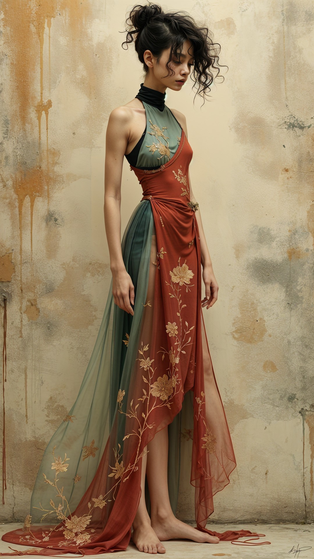 Elegant gown with green and red fabric and gold embroidery