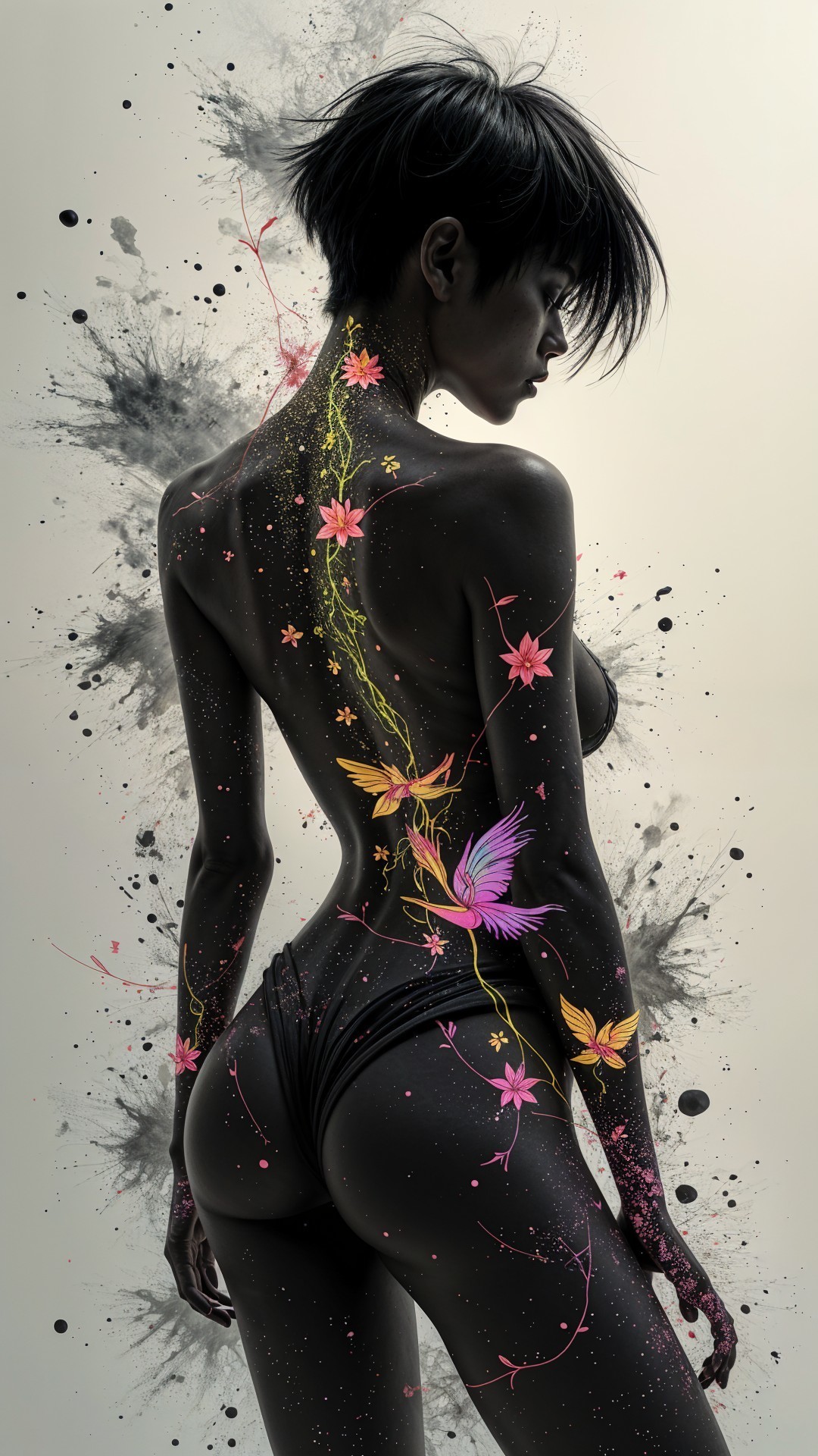 Silhouette of a Woman with Floral Patterns on Skin