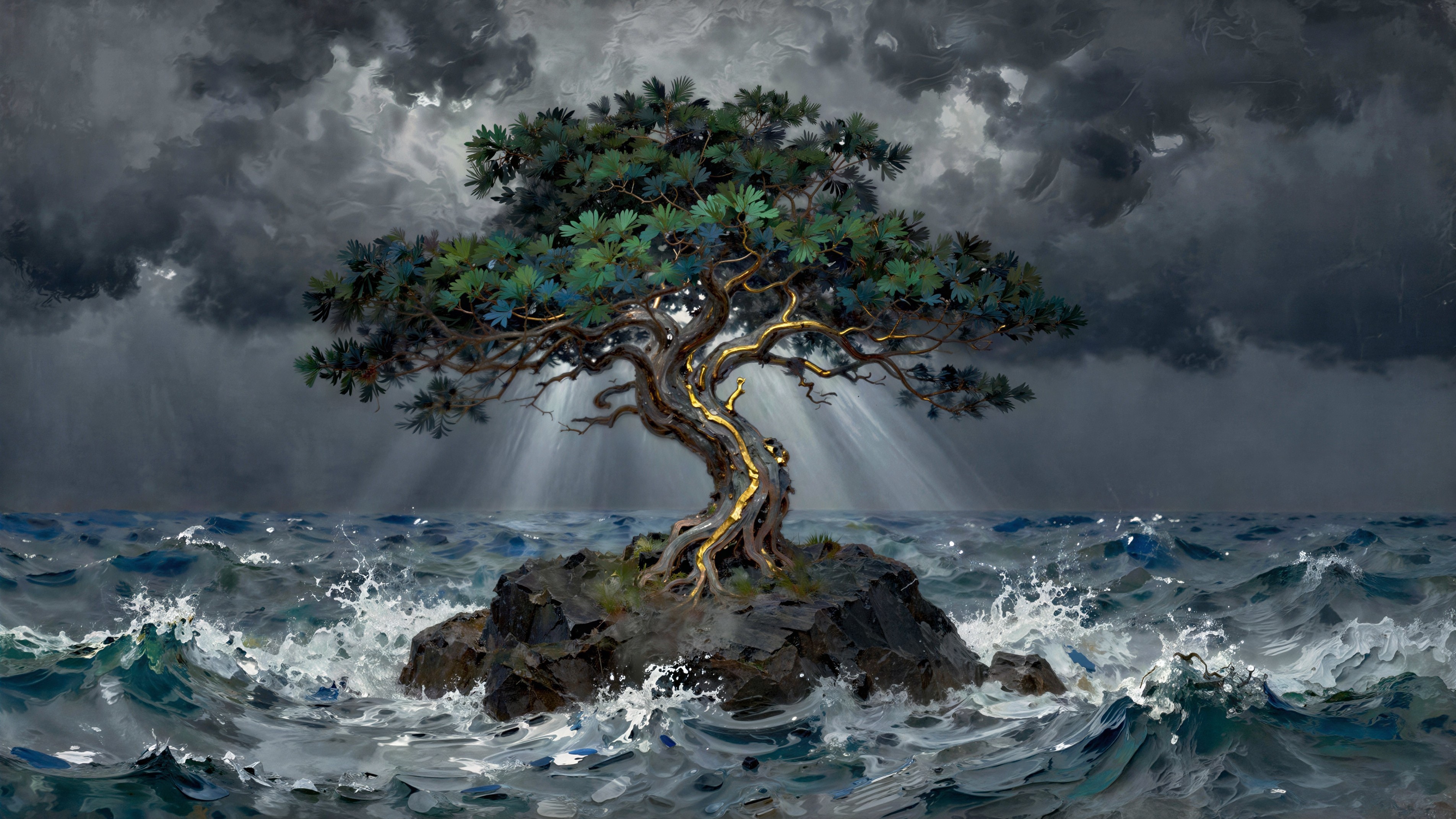 Evergreen Tree on Rock Island Amid Stormy Sea