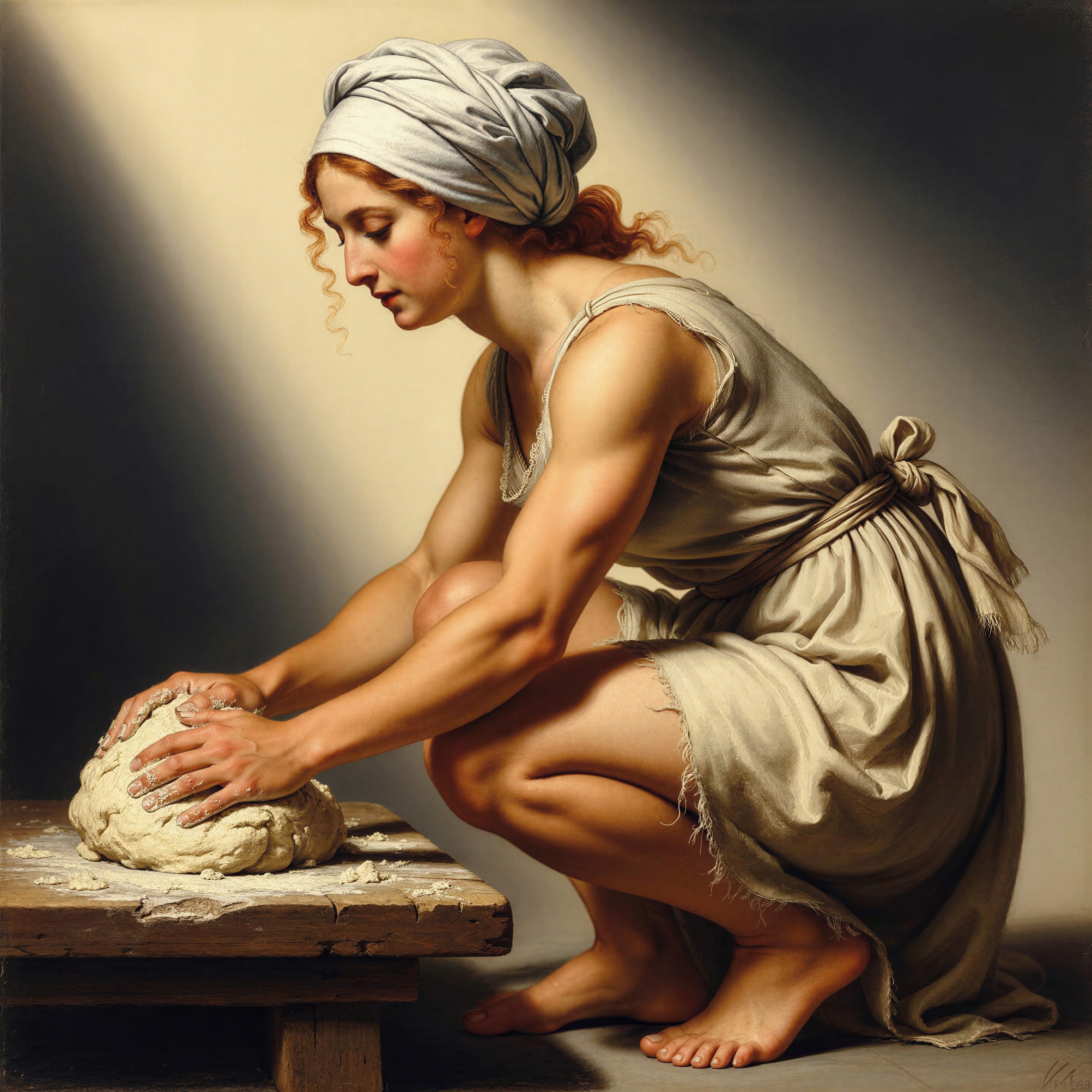 Classical Painting of Young Woman Kneading Dough