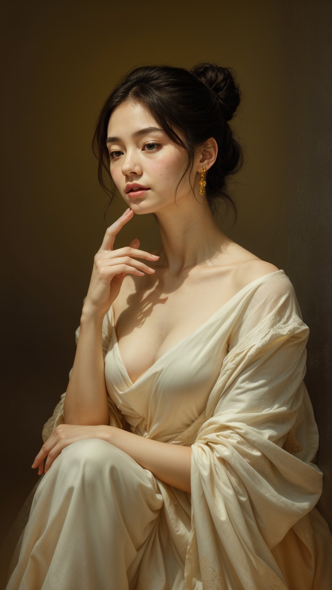 Elegant Woman in Cream Gown with Serene Expression