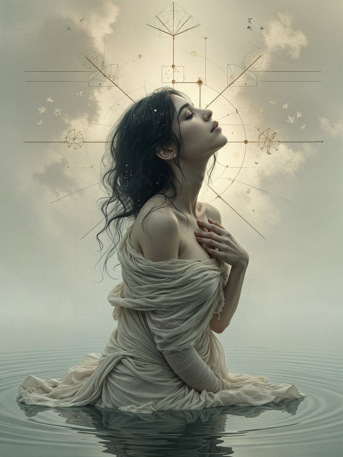 Serene figure in flowing fabric by a tranquil pool