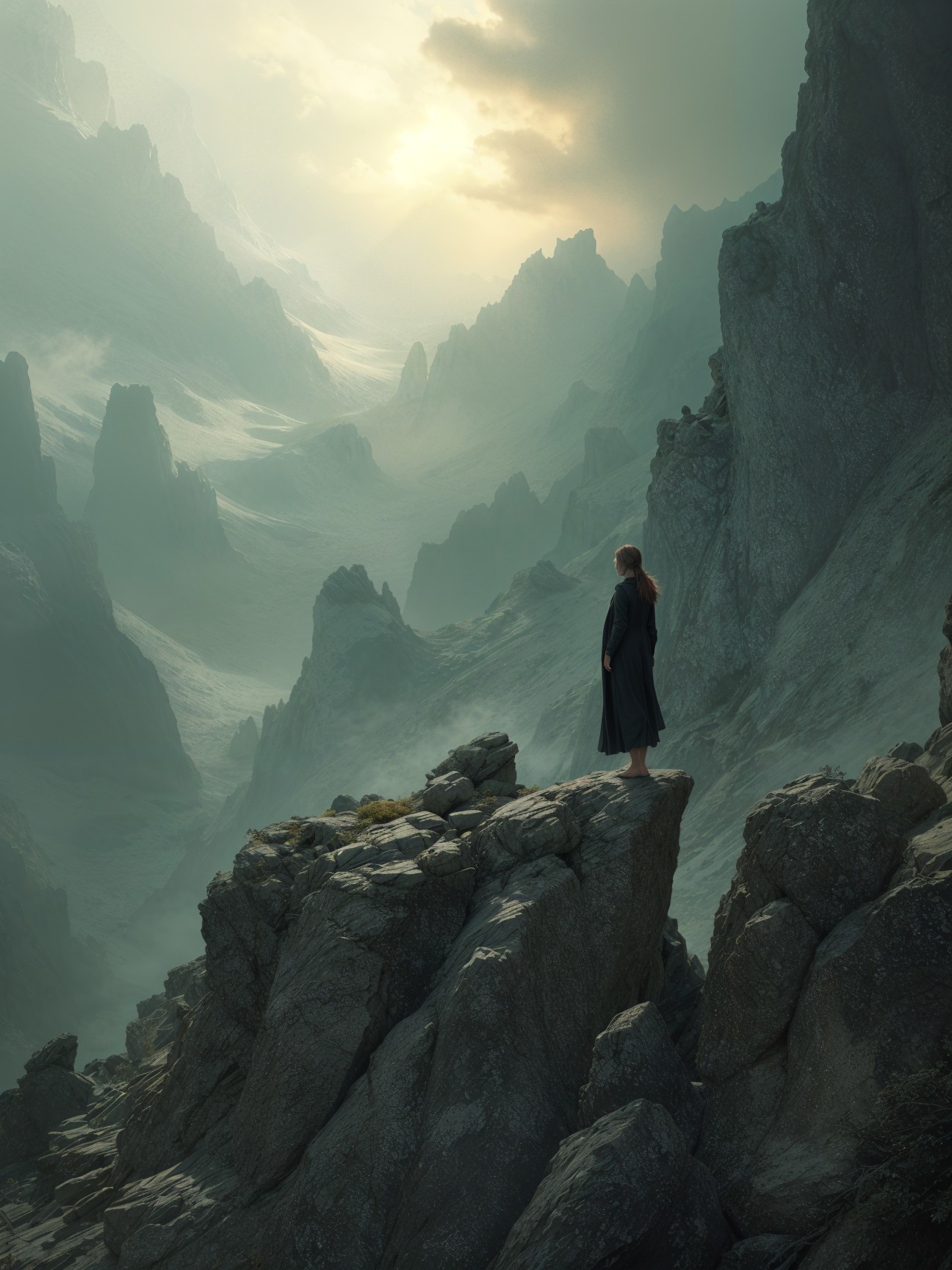 Lone Figure on Rugged Rock Overlooking Dramatic Landscape