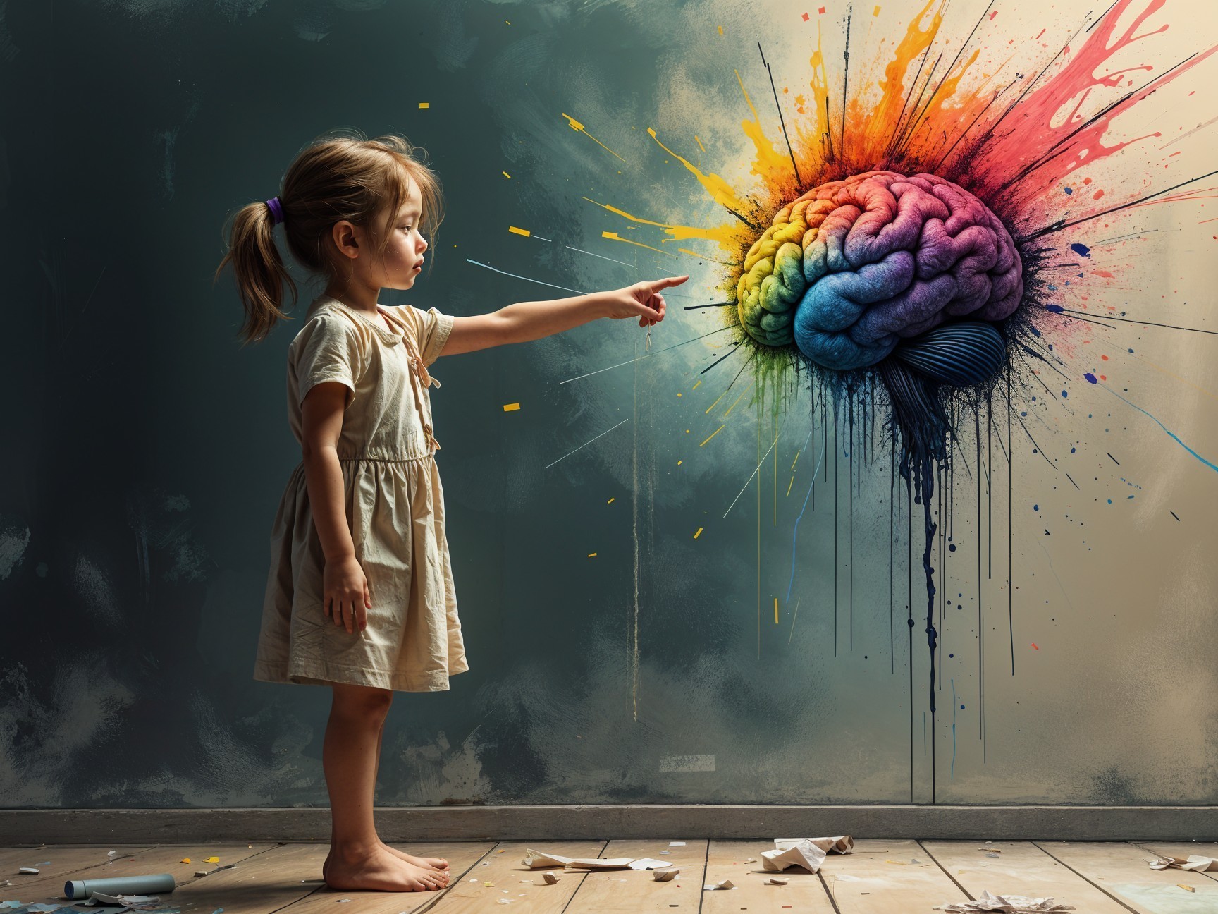 Young girl observes colorful brain mural in playful room