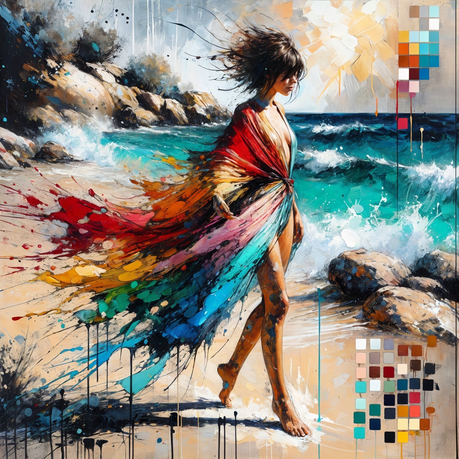 Vibrant Painting of Woman Wading Through Surf