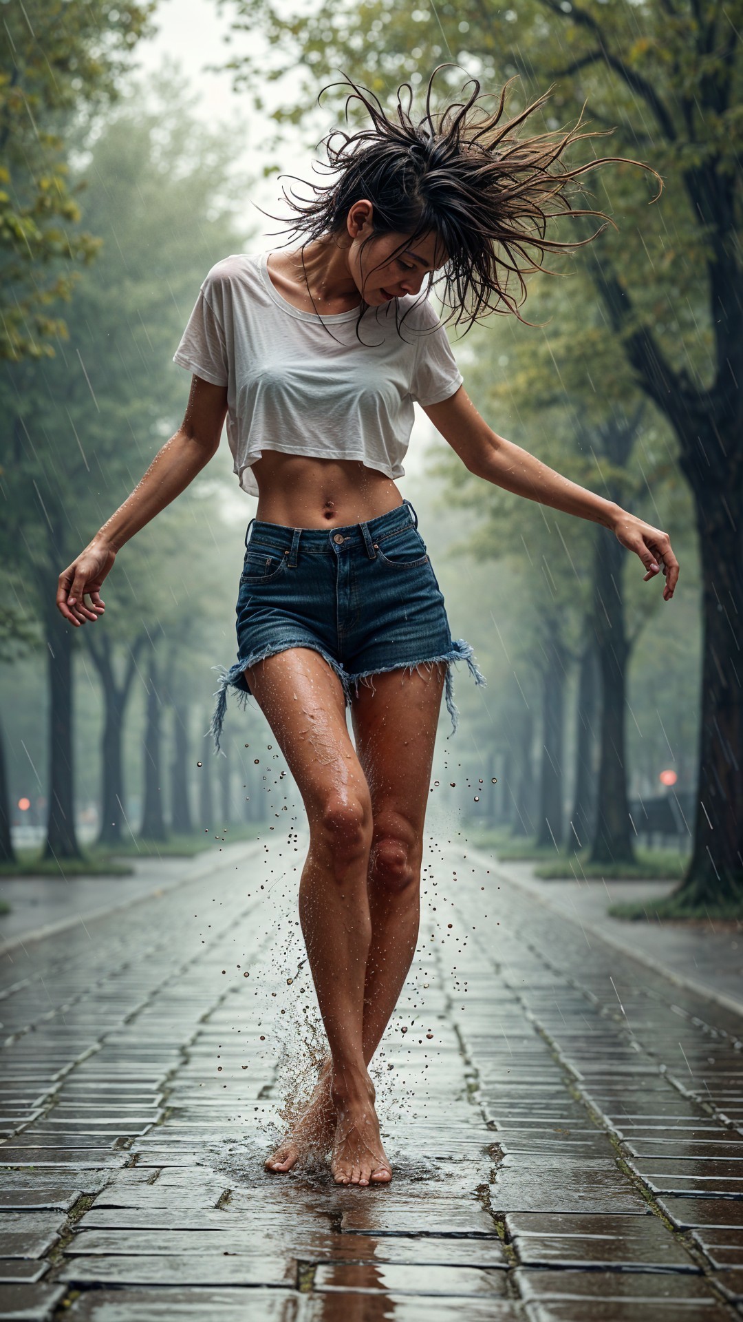 Woman Joyfully Splashing in Puddles on Rainy Street