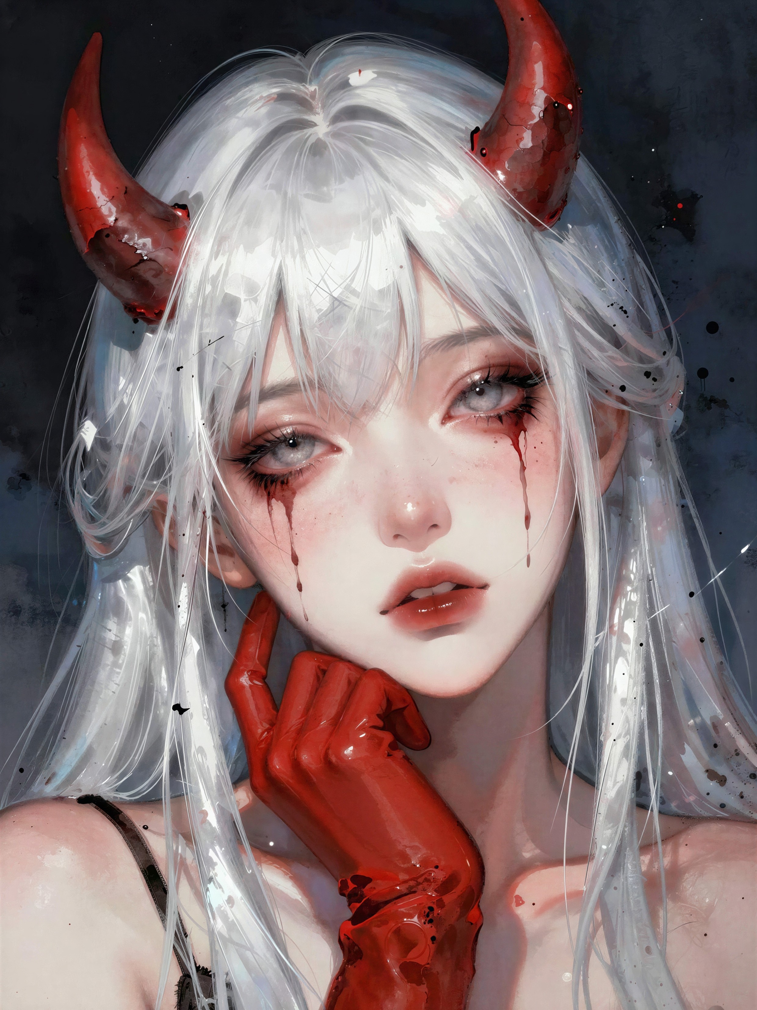 Close-Up Portrait of Anime Demon Girl with Red Accents