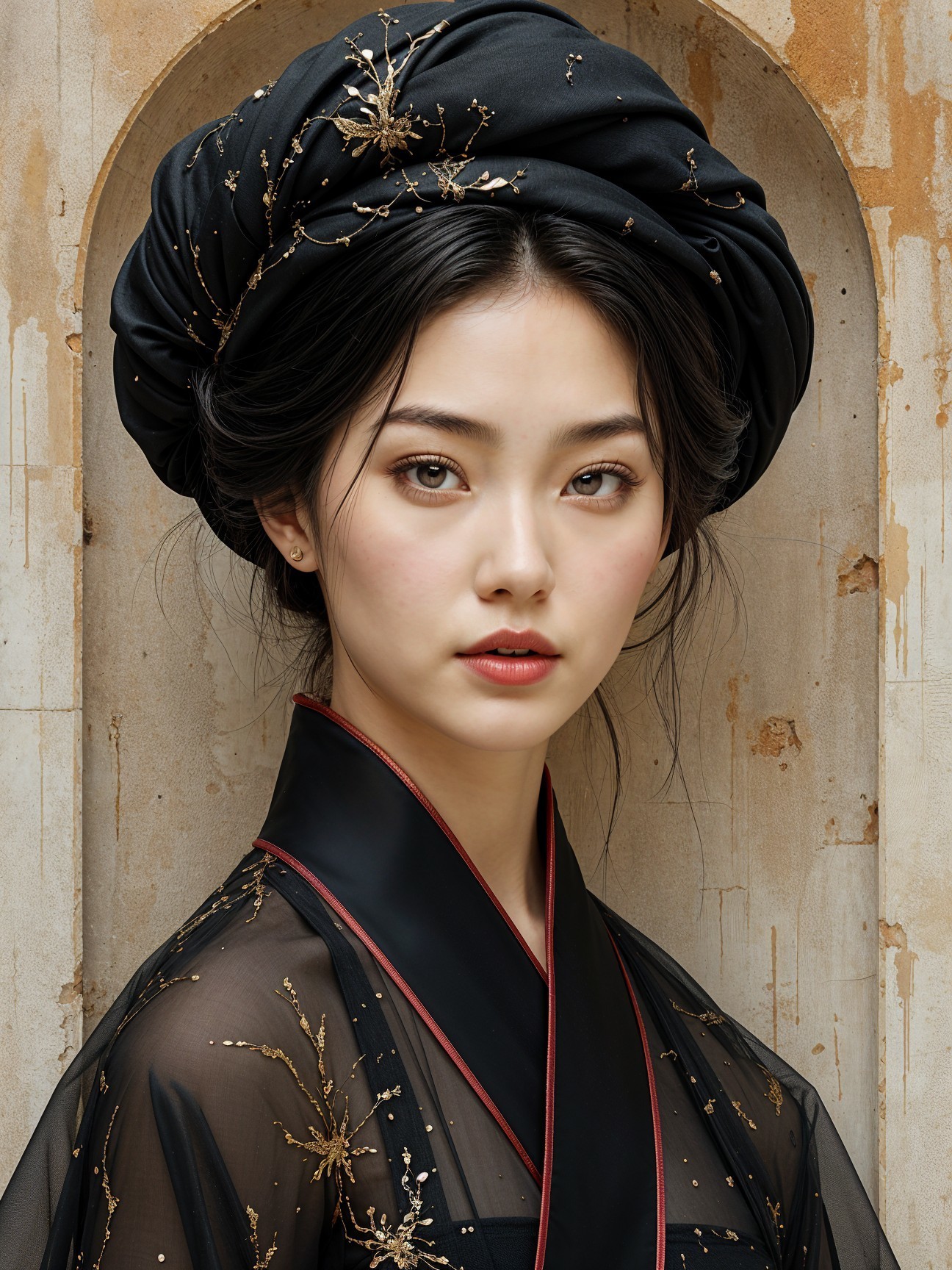 Young Woman in Modern Kimono with Gold Embroidery