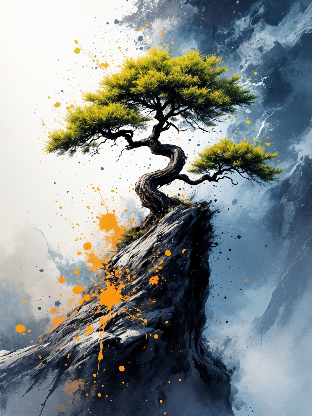 Bonsai Tree on Rock with Dramatic Colorful Backdrop
