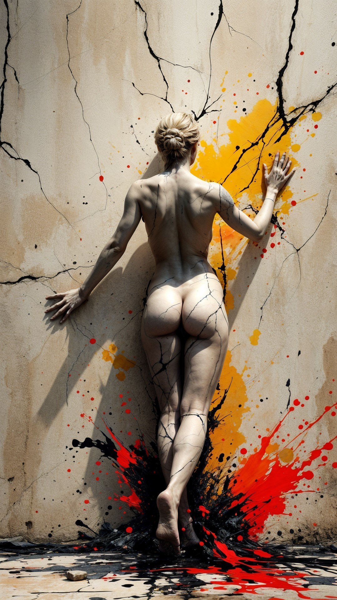 Figure Against Textured Wall with Vibrant Paint Splashes