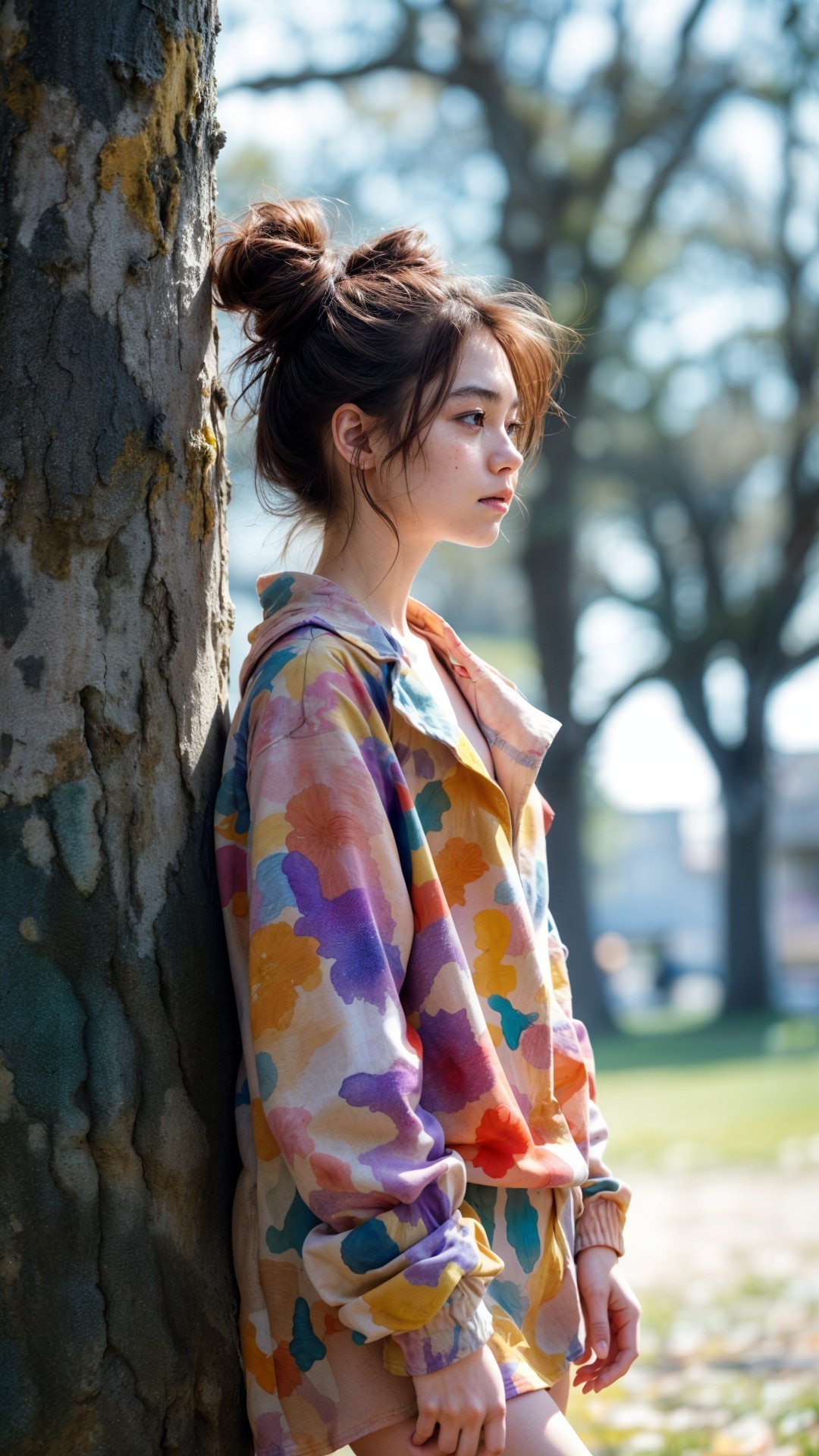 Young Woman in Floral Jacket by Tree in Soft Sunlight