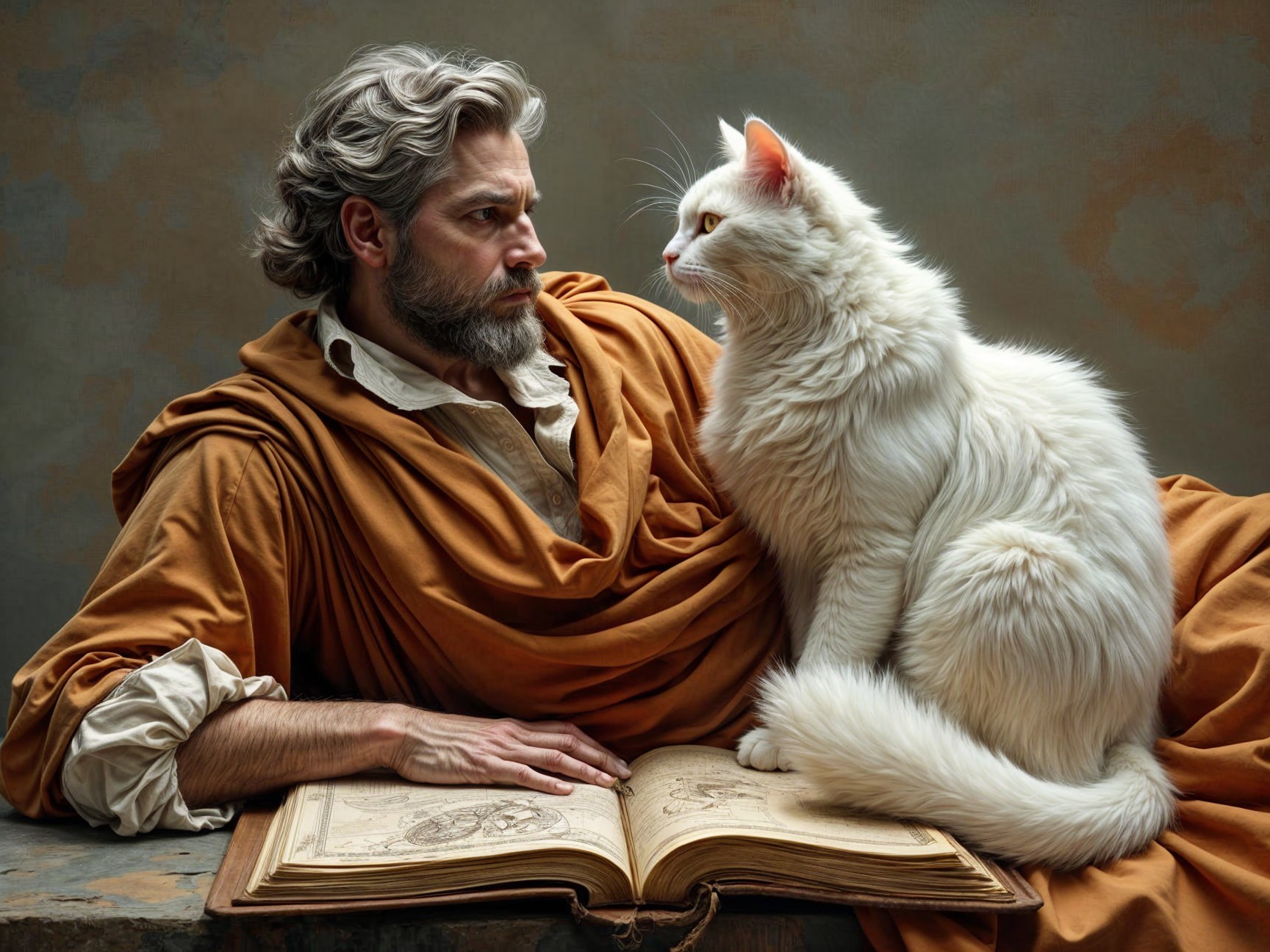 Vintage Scene of Man with Cat and Ancient Book