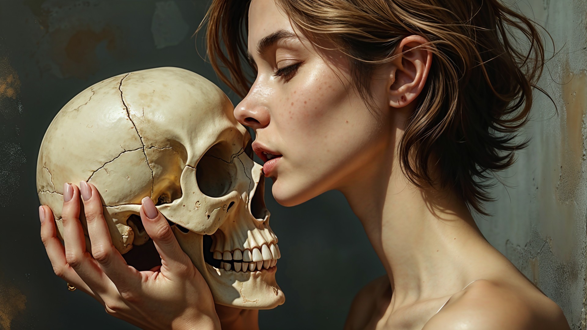 Young Woman Holding Skull in Contemplative Moment
