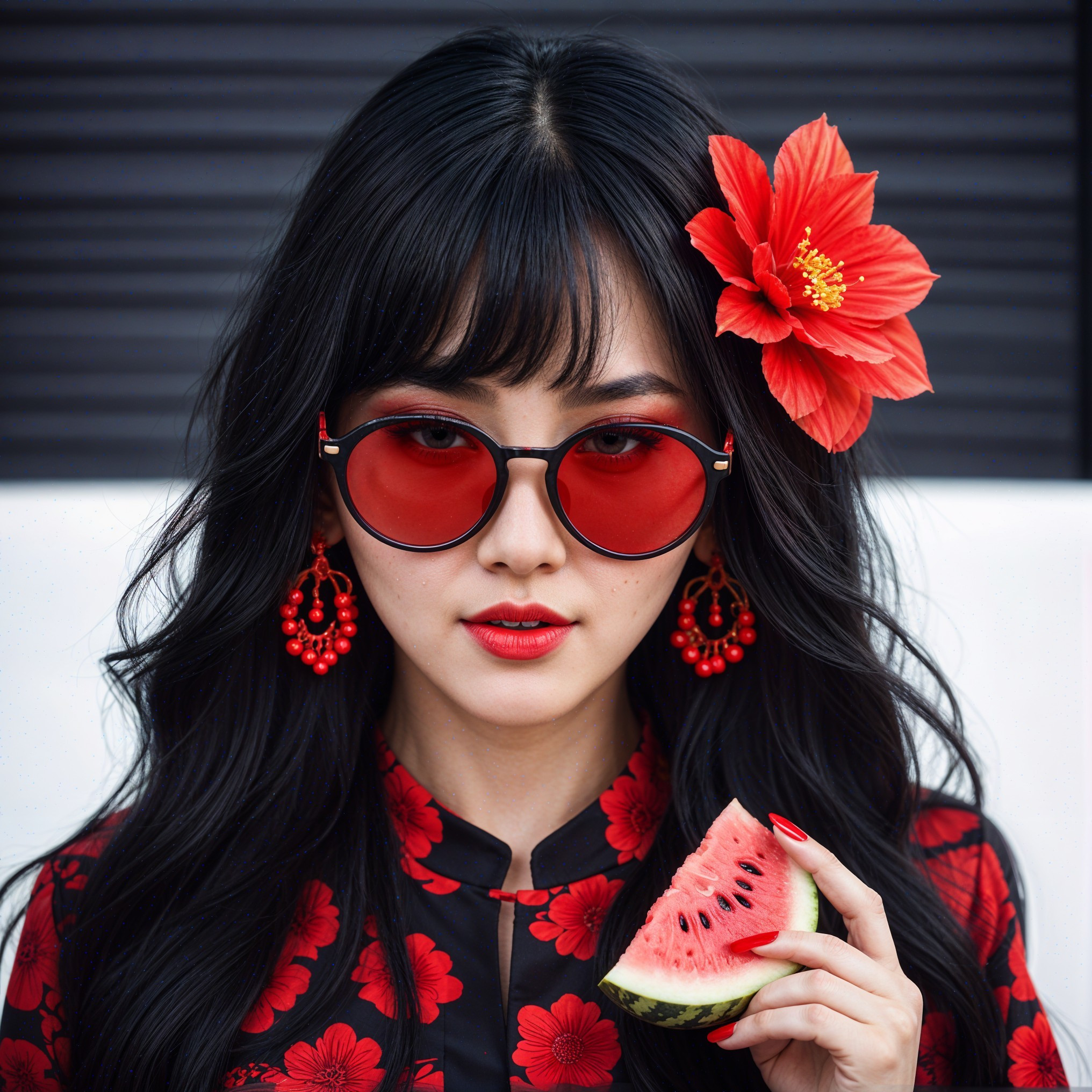 Woman in Red Sunglasses with Watermelon Slice