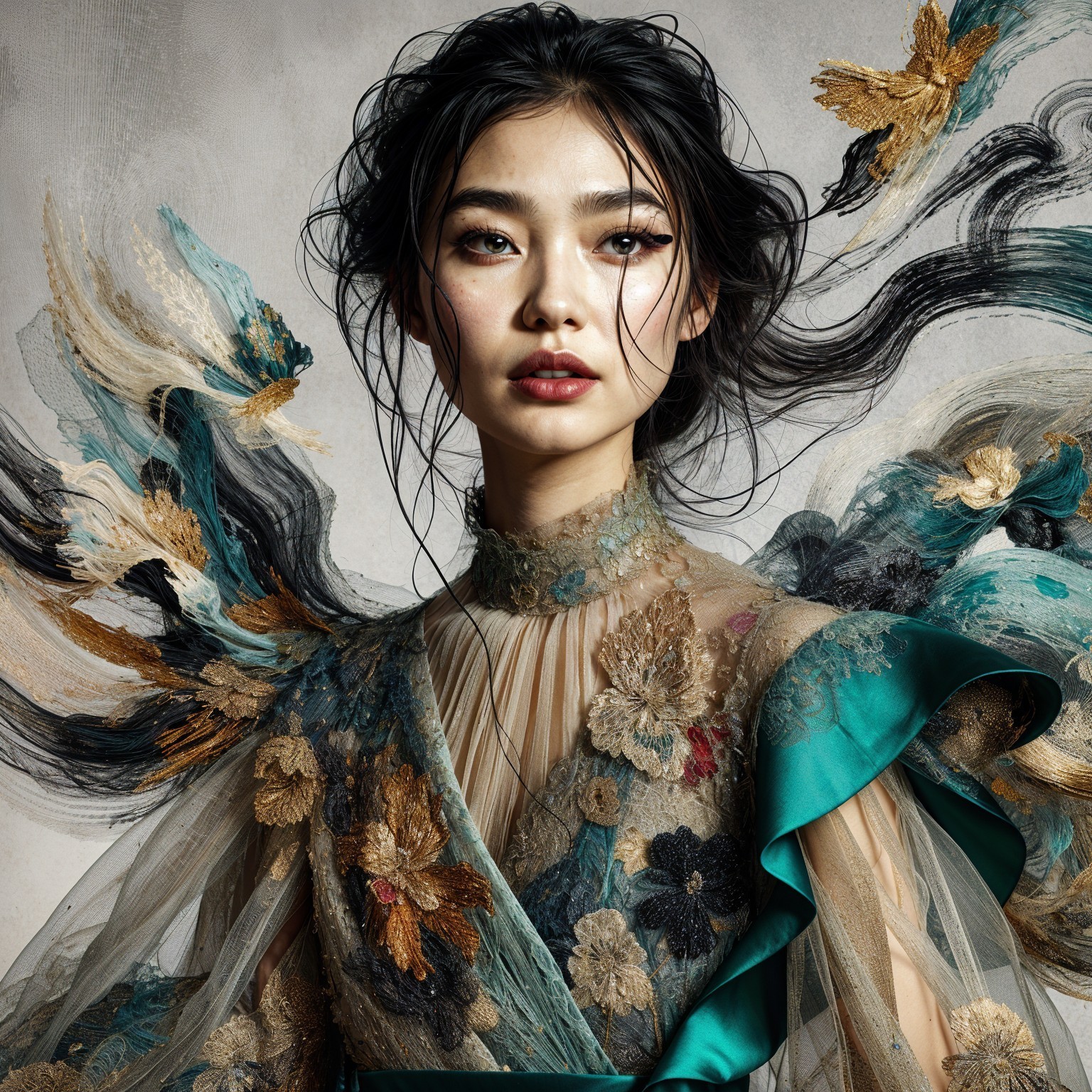 Portrait of a woman in an ethereal embroidered gown
