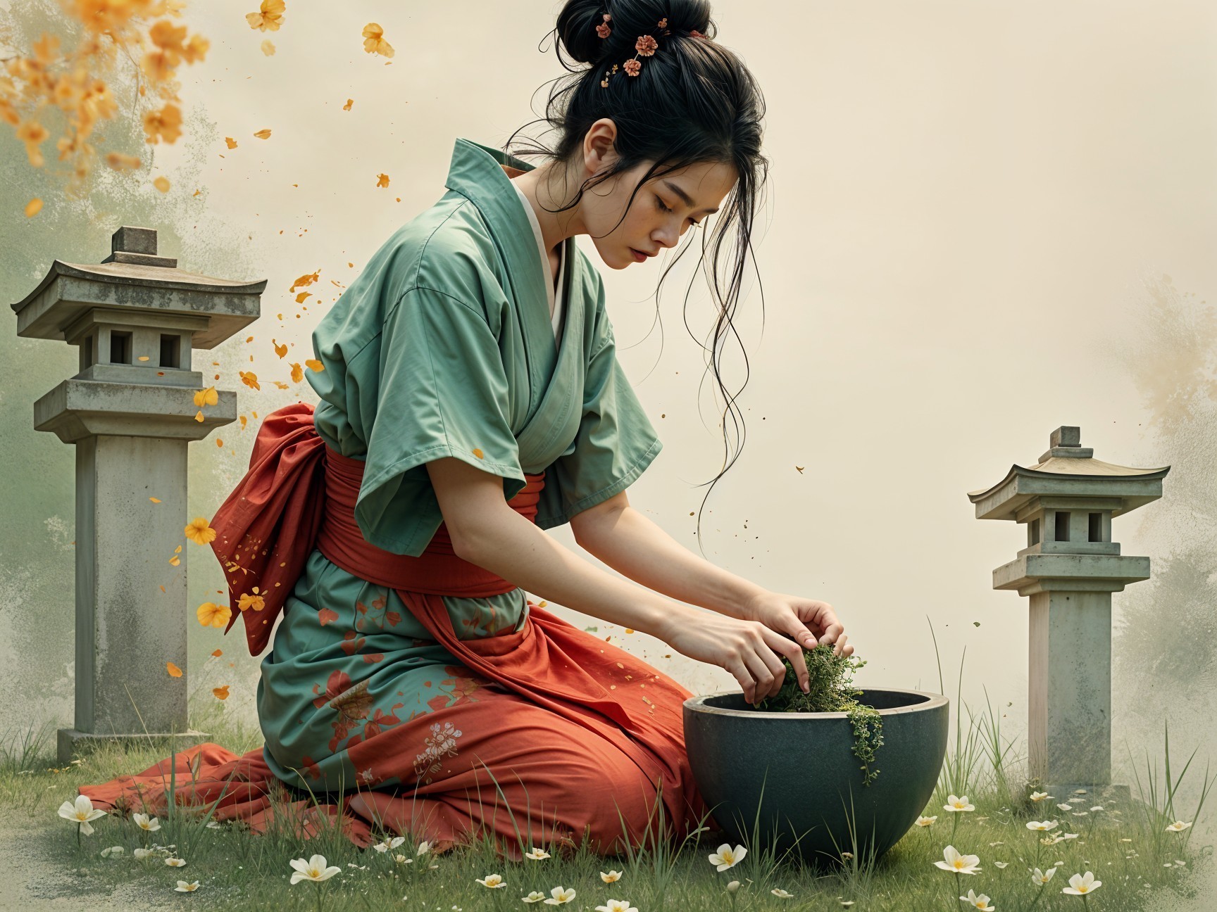 Woman in Kimono Tending Garden with Lanterns