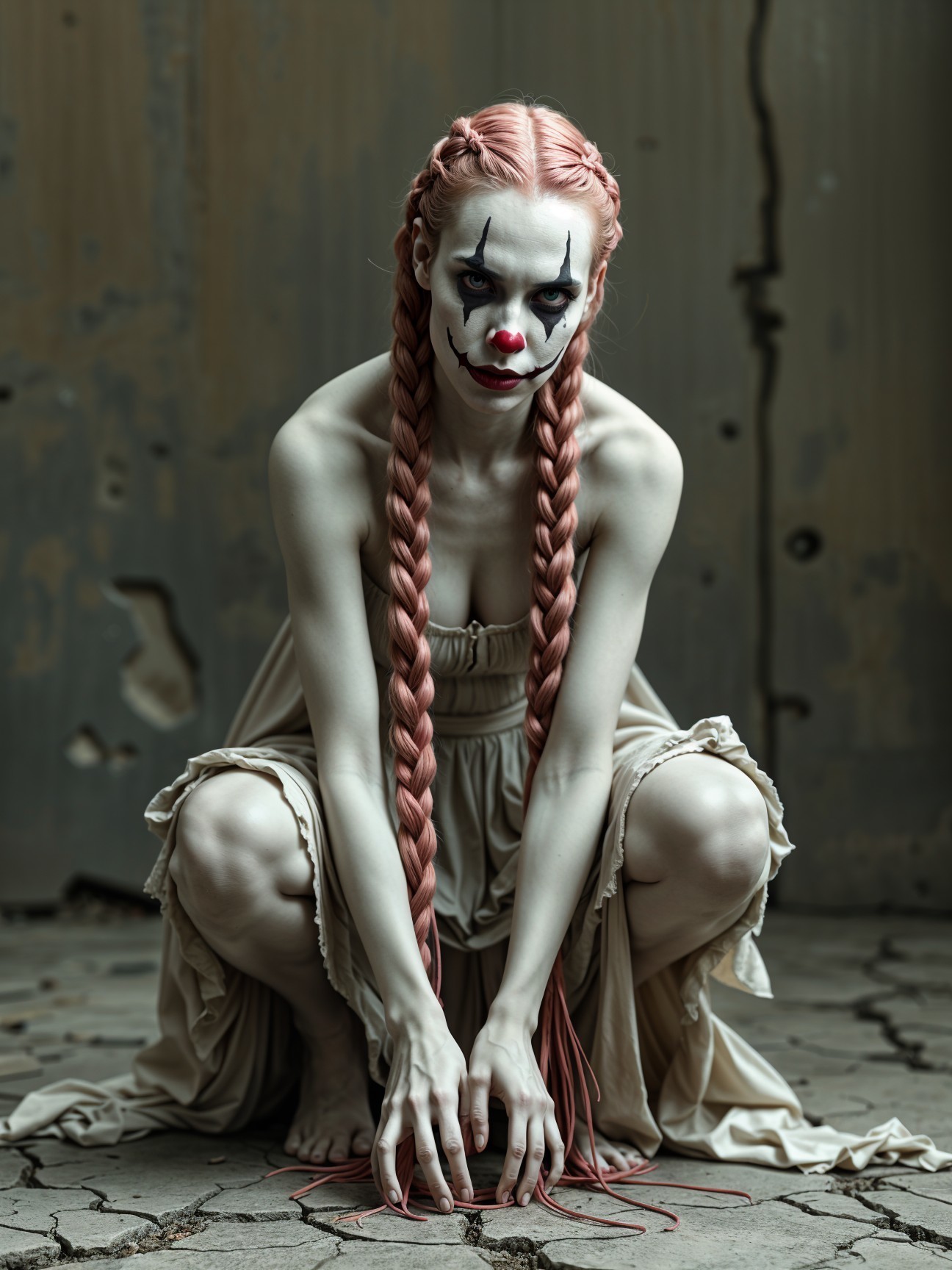 Haunting Figure in Tattered Dress with Clown Makeup