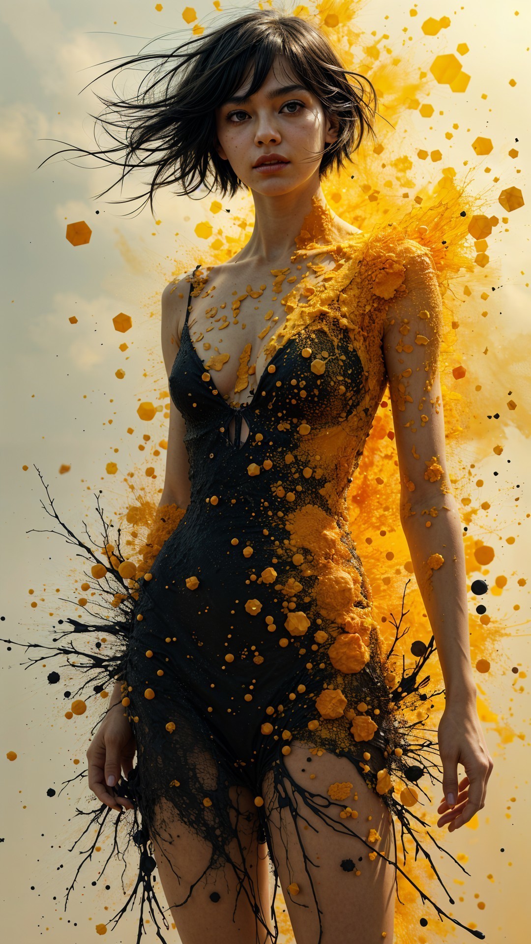 Model in Black Swimsuit with Abstract Paint Design