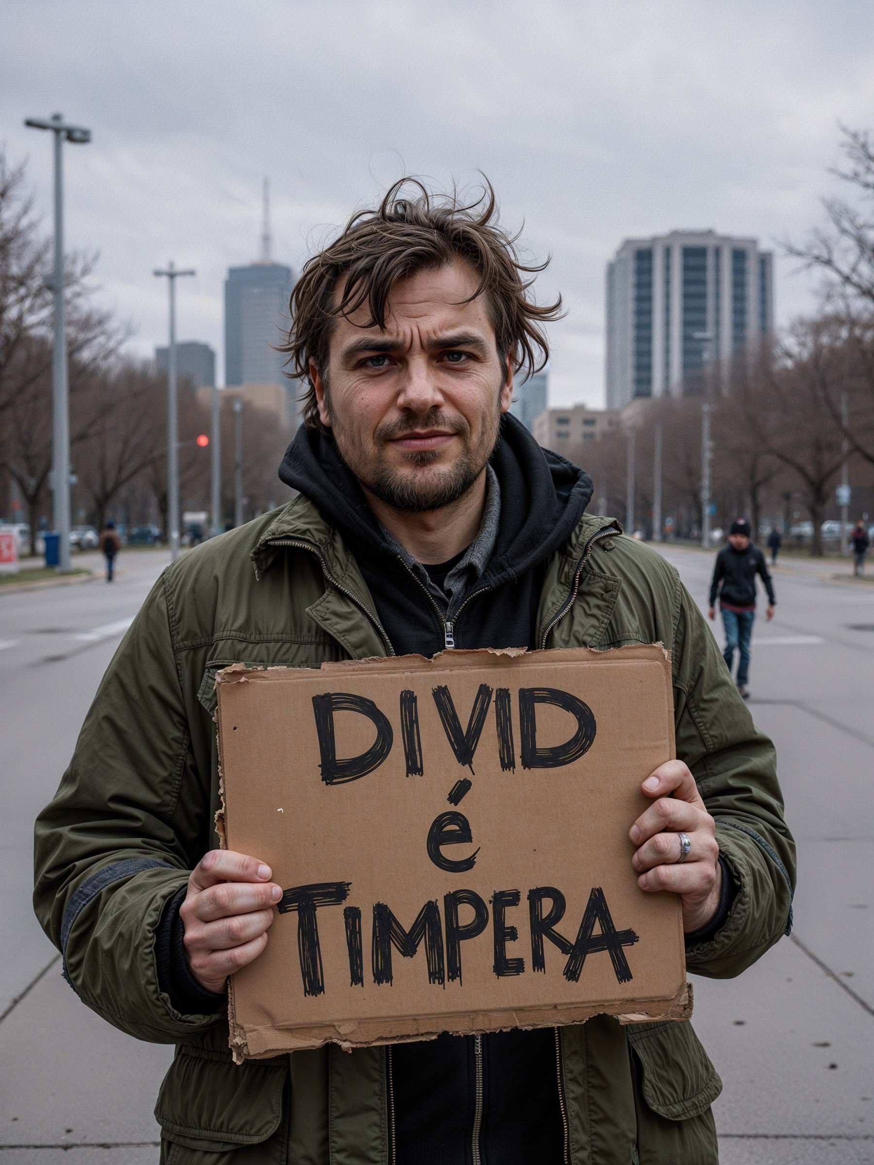 Man with Cardboard Sign in Urban Protest Scene