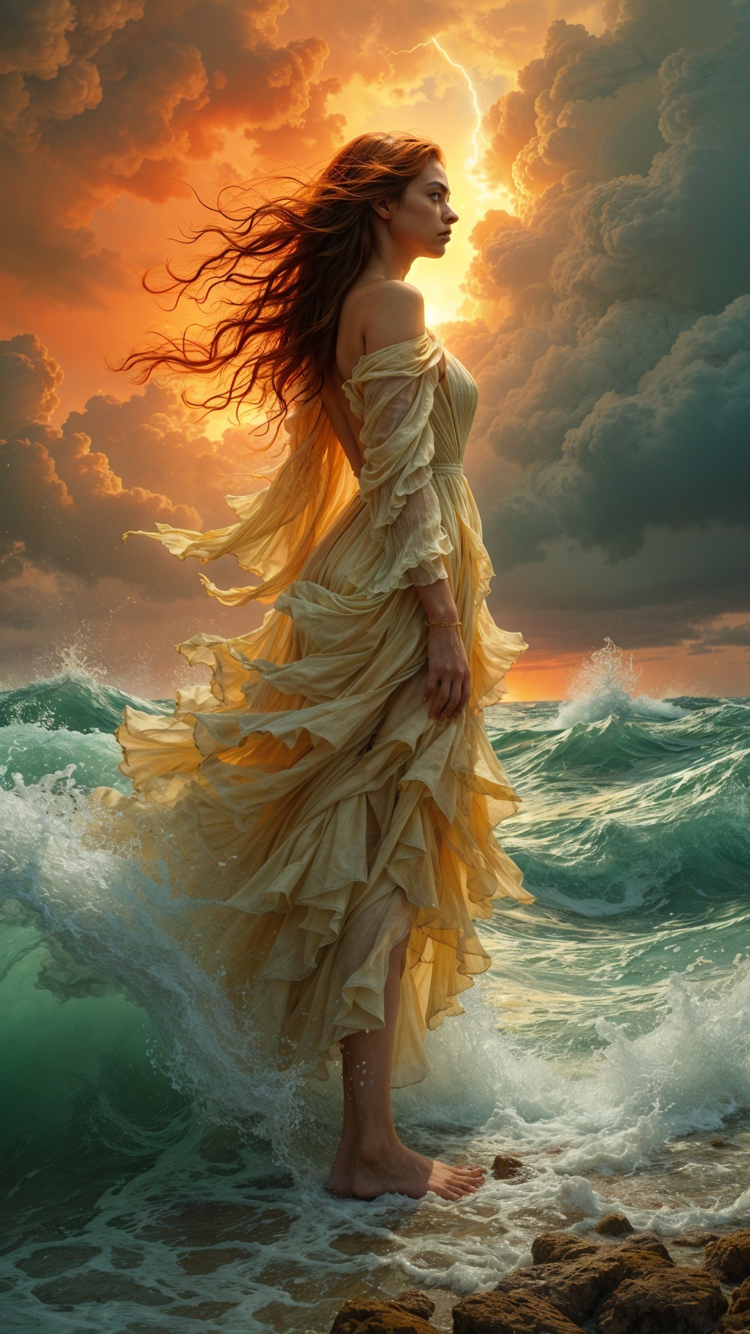 Woman in Pastel Yellow Dress by Turbulent Ocean Waves