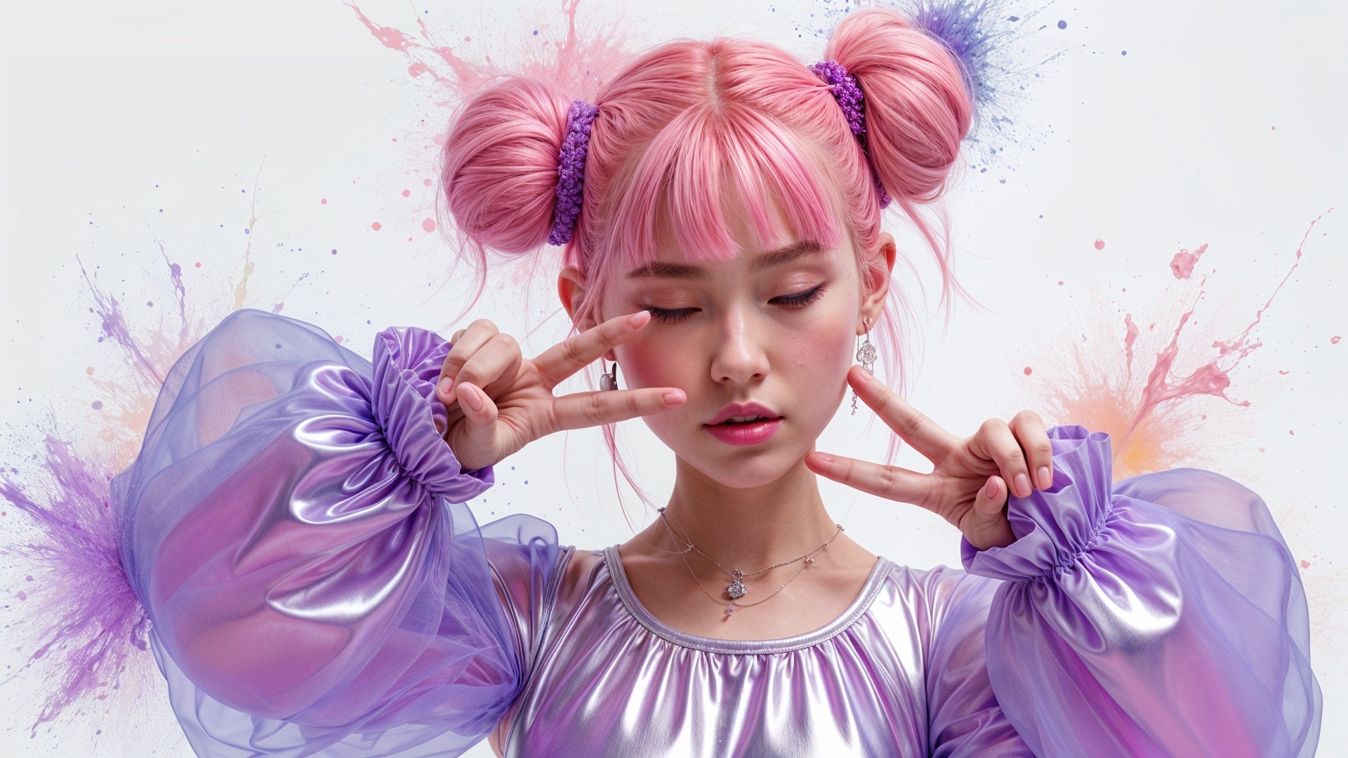 Young woman with pink hair in colorful setting
